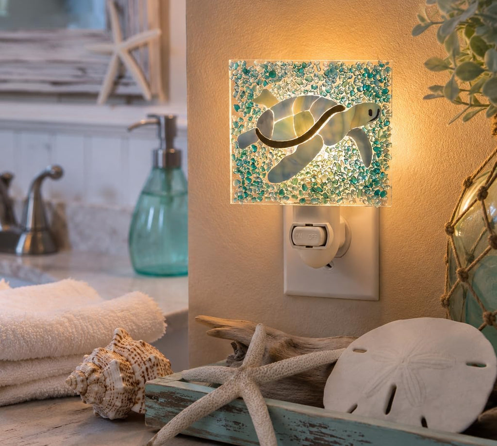 J Devlin Glass Art Sea Turtle Night Light – Handcrafted Fused Stained Glass Coastal Plug in Lamp for Bathroom, Nursery, Beach House Decor