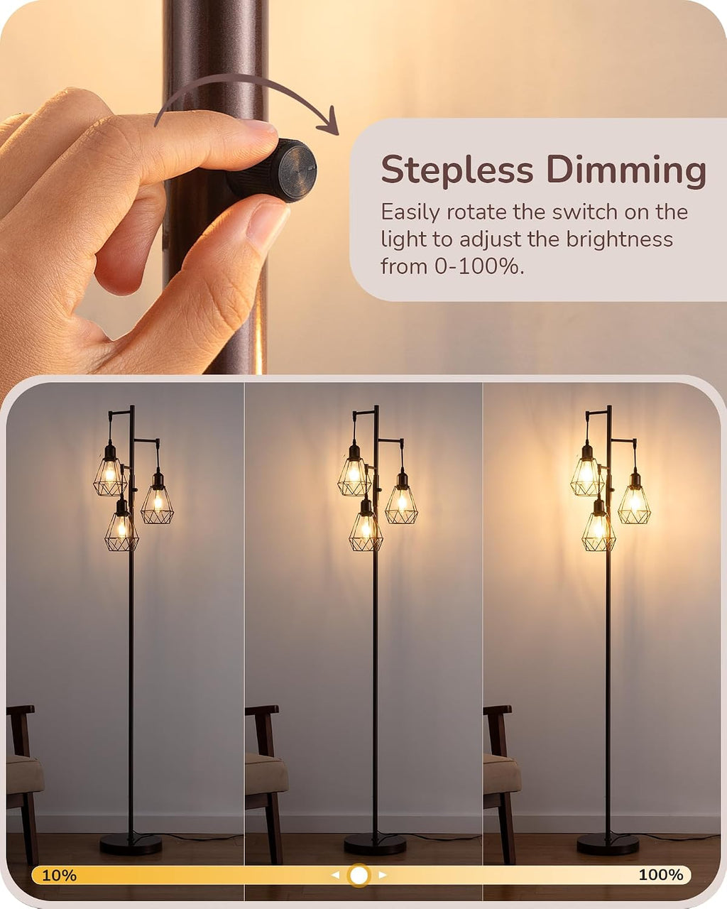 Edishine 70IN Industrial Floor Lamps for Living Room, Dimmable Farmhouse Corner Reading Lamp, Diamond-Shaped Lampshade, 3 LED Edison Bulbs…