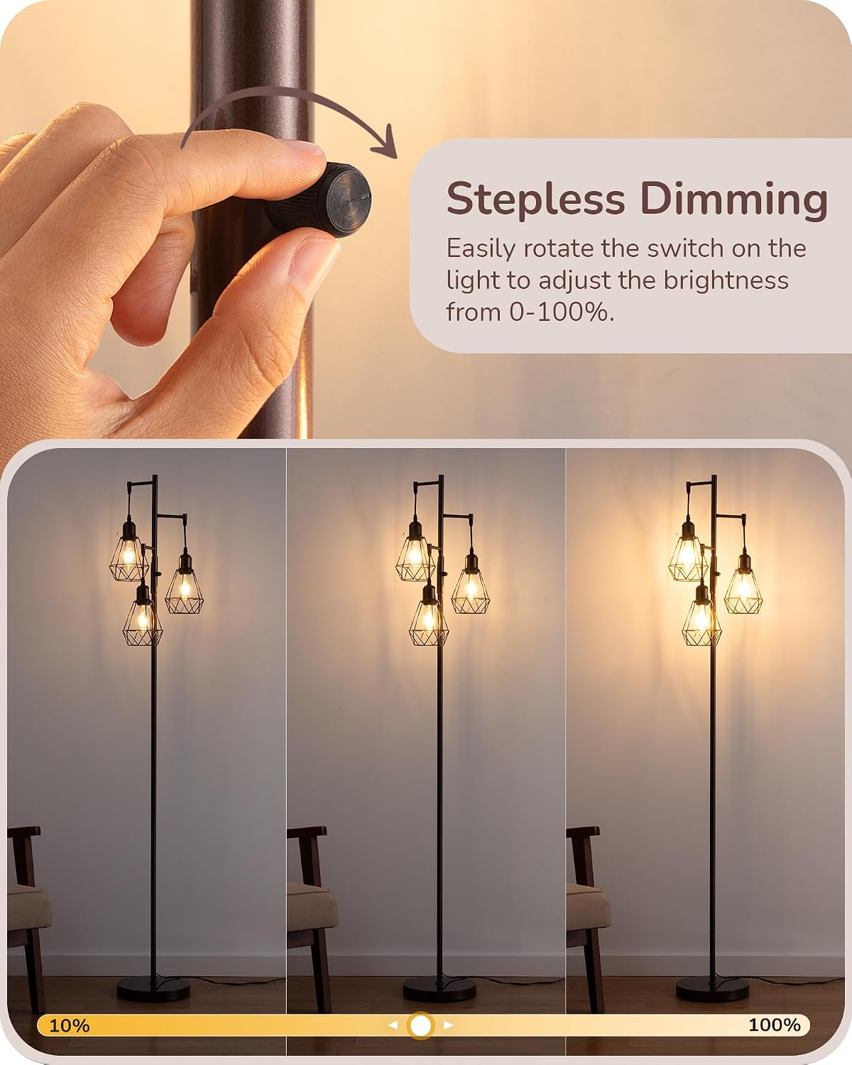 Edishine 70IN Industrial Floor Lamps for Living Room, Dimmable Farmhouse Corner Reading Lamp, Diamond-Shaped Lampshade, 3 LED Edison Bulbs…