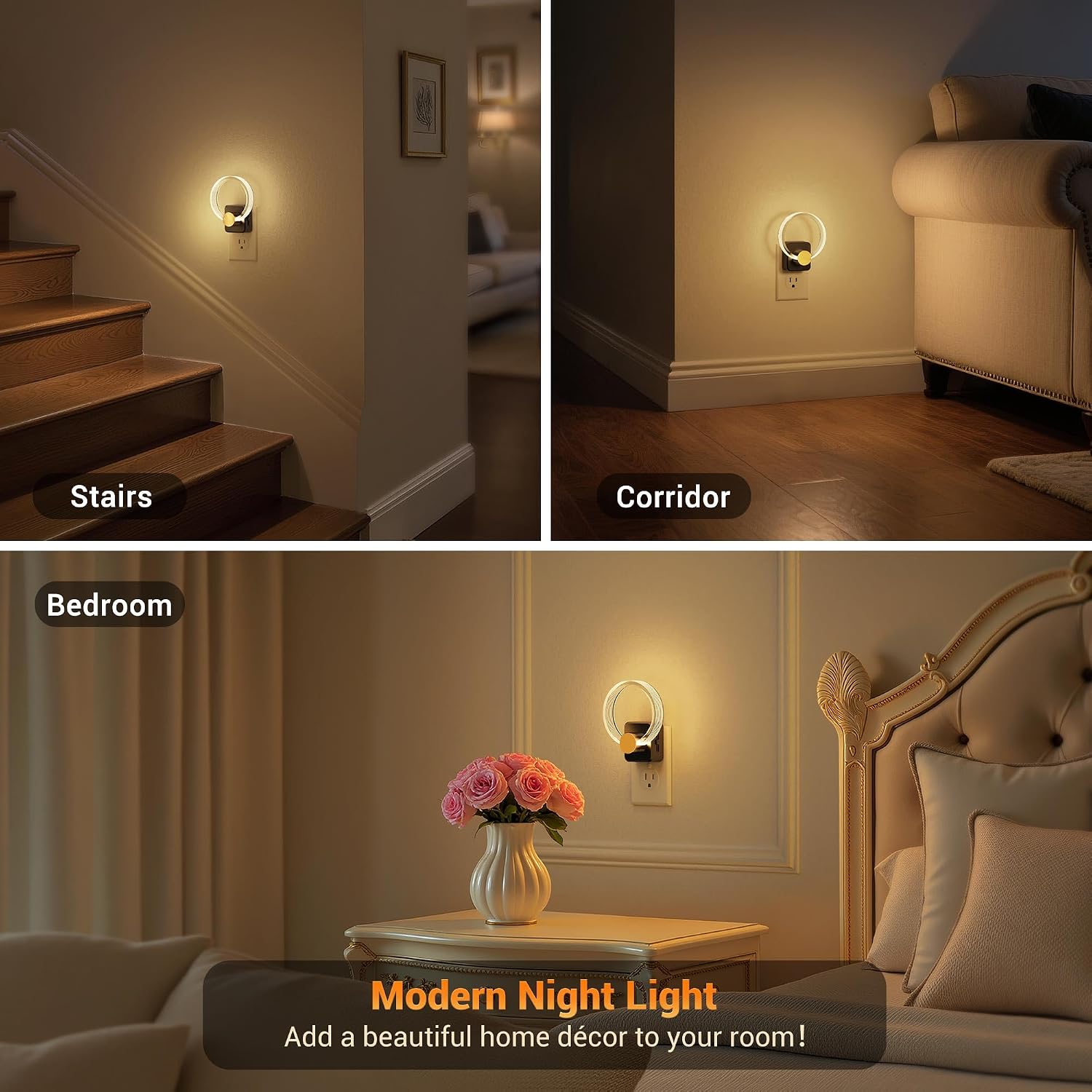 JandCase Night Light, Night Lights Plug into Wall, 2 Pack Dimmable Nightlight with Dusk to Dawn Sensor, 180° Rotatable Round Plug in…