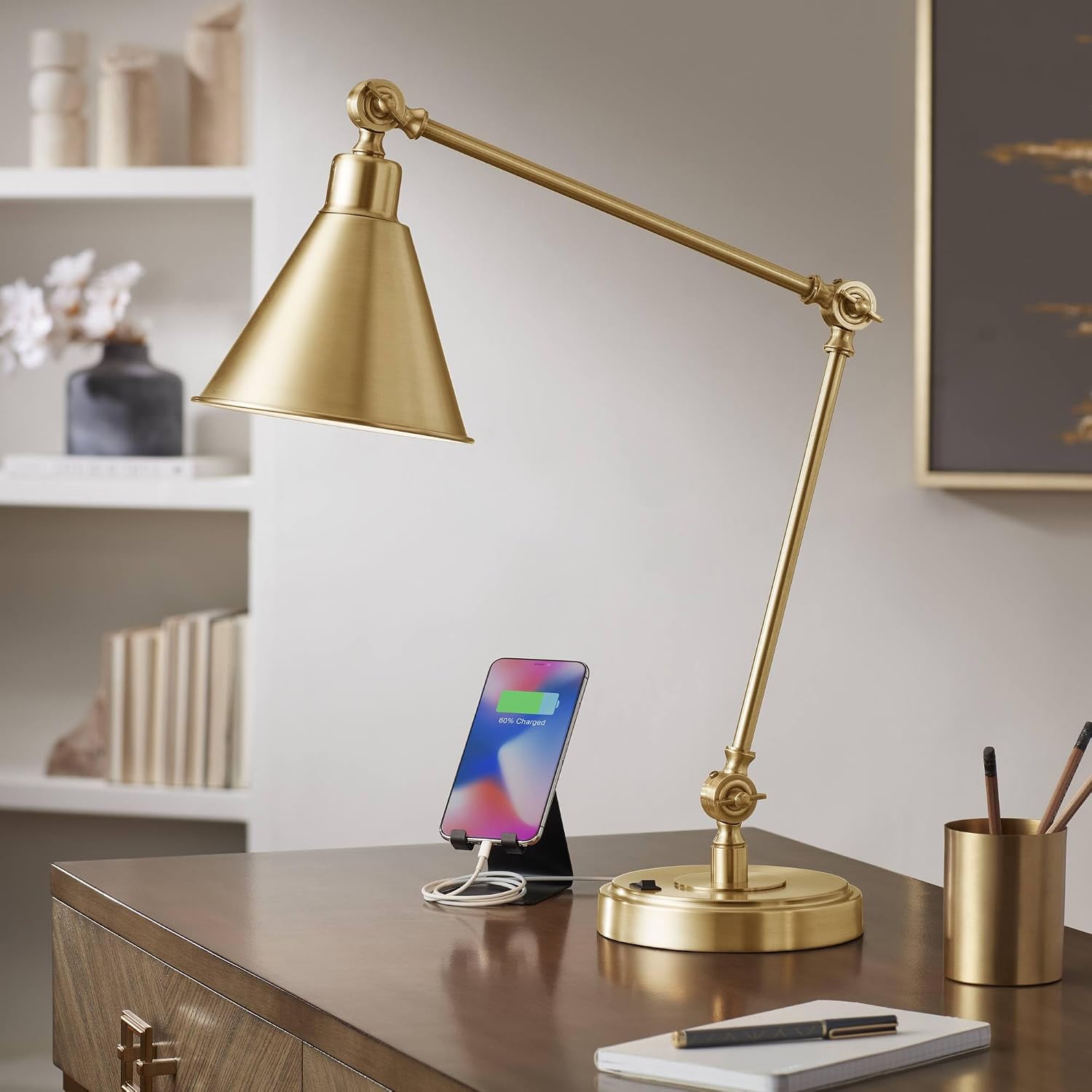 360 Lighting Wray 26 3/4" High Modern Desk Lamp with USB Charging Ports A+C Warm Brass Gold Metal Adjustable Arm Head for Bedroom Living…