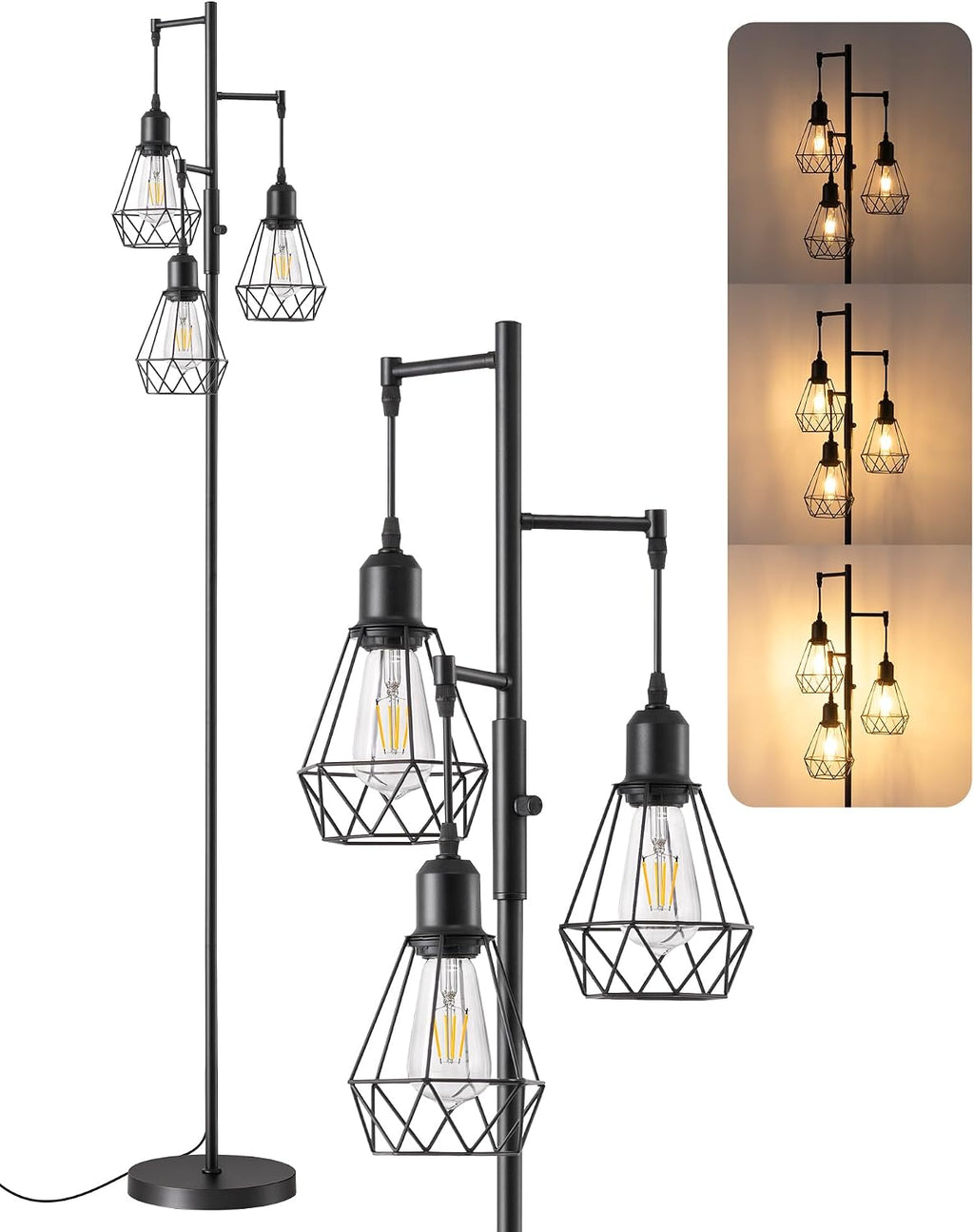 Edishine 70IN Farmhouse Floor Lamps for Living Room, Dimmable Industrial Tall Standing Lamps 3 LED Edison Bulbs Included, Diamond-Shaped Ca…