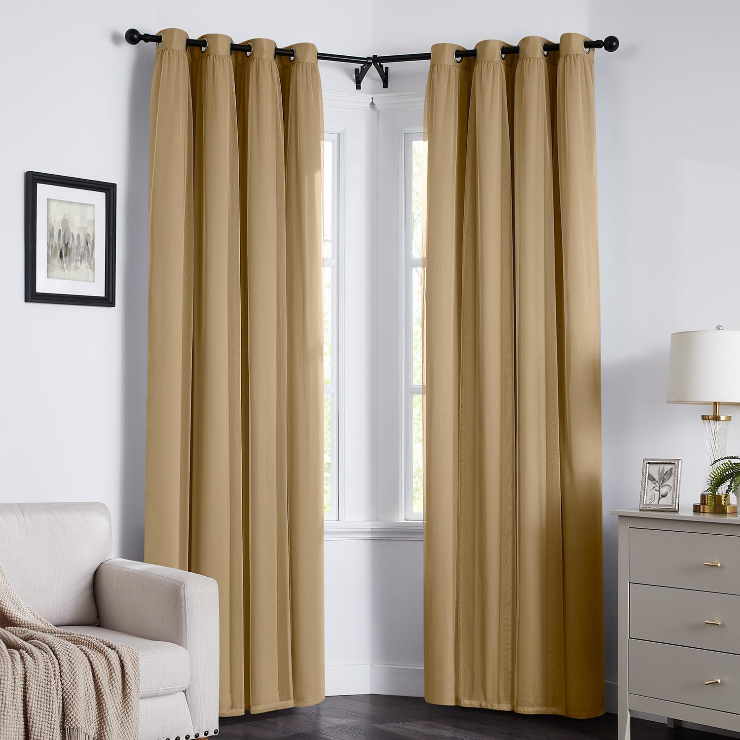 Swandream Blackout Curtains for Bedroom, Double Layer Khaki Curtains, Black Out Curtain 90 inch Long with Sheer Overlay for Living Room, Ro…
