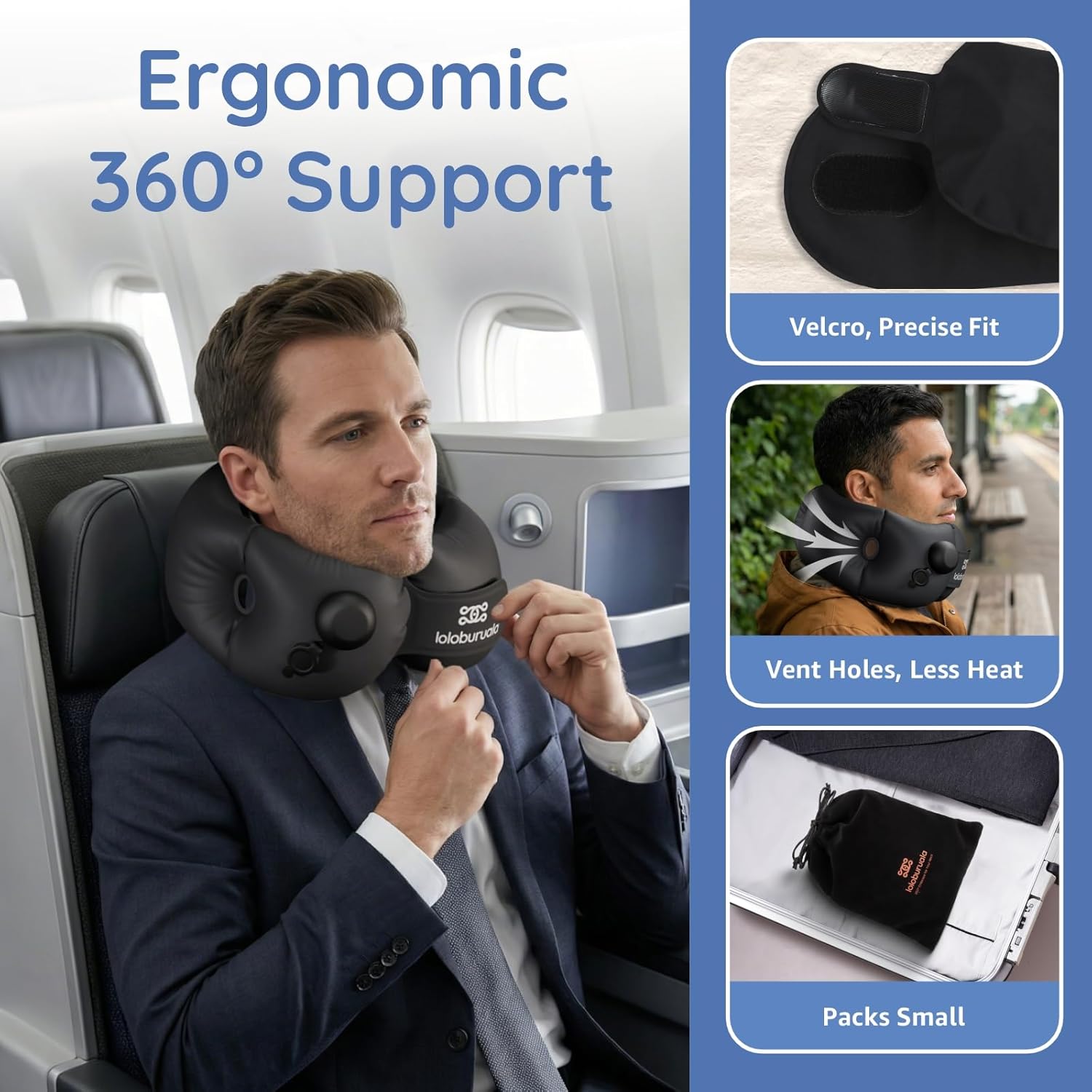 Inflatable Neck Pillow, Portable Travel Neck Pillow Airplane, Storable Black Neck Pillows Travel with Washable Cover, Adjustable Air-Fill…