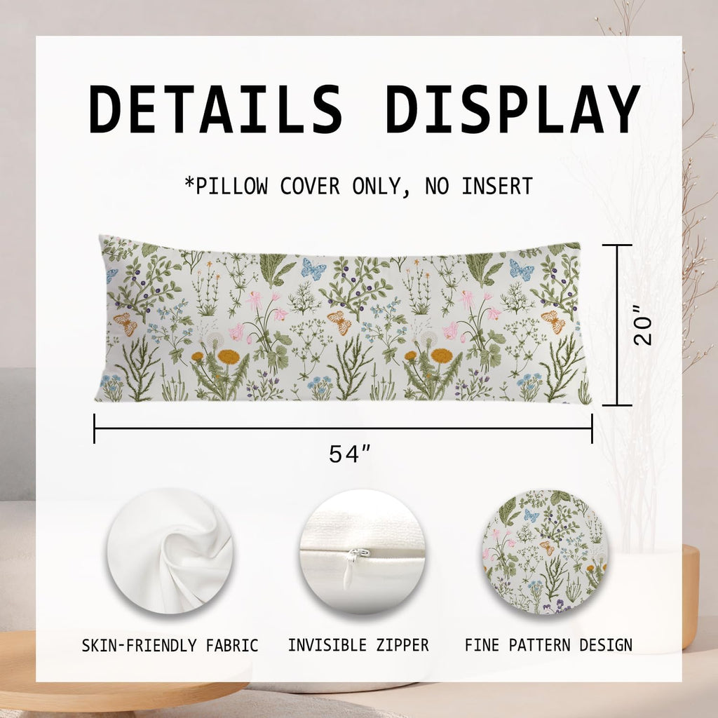 Vintage Floral Botanical 20x54 Body Pillow Cover, Cottagecore Room Decor, Rustic Cottagecore Wildflower Plant Decorative Long Body Pillow…