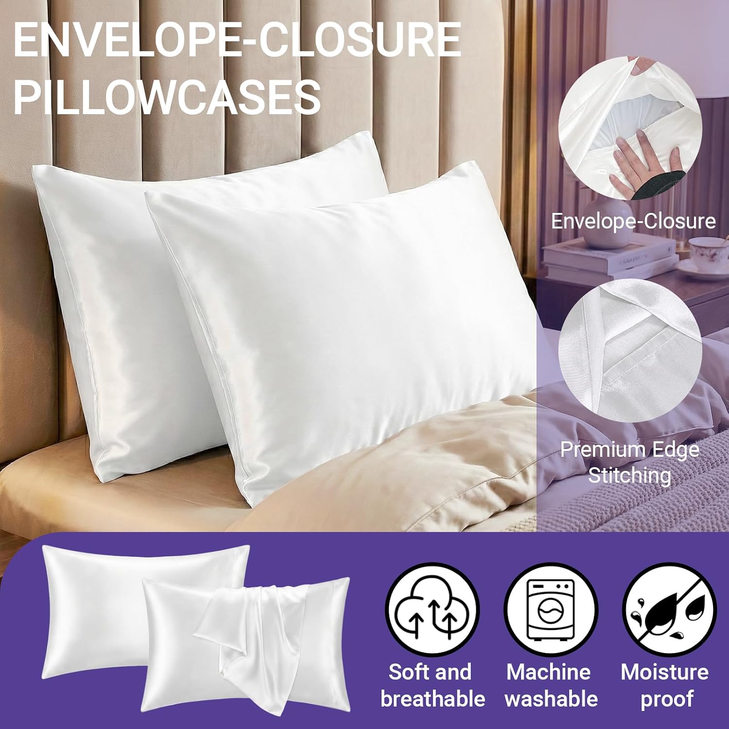 QJFabricCO Q&J Fabric Co. 2 Pack Satin Pillowcase Silk Like Pillow Cases 20x30 inch White Cooling Pillow Cases with Envelope Closure for Ha…