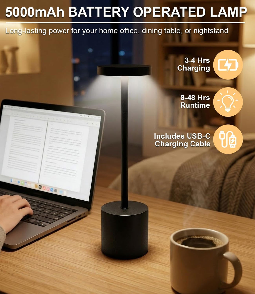 Swinerton Black Cordless Table Lamp, Rechargeable 5000mAh Battery Powered Wireless Table Light, 3 Color Dimmable Lighting, Patio Outdoor…