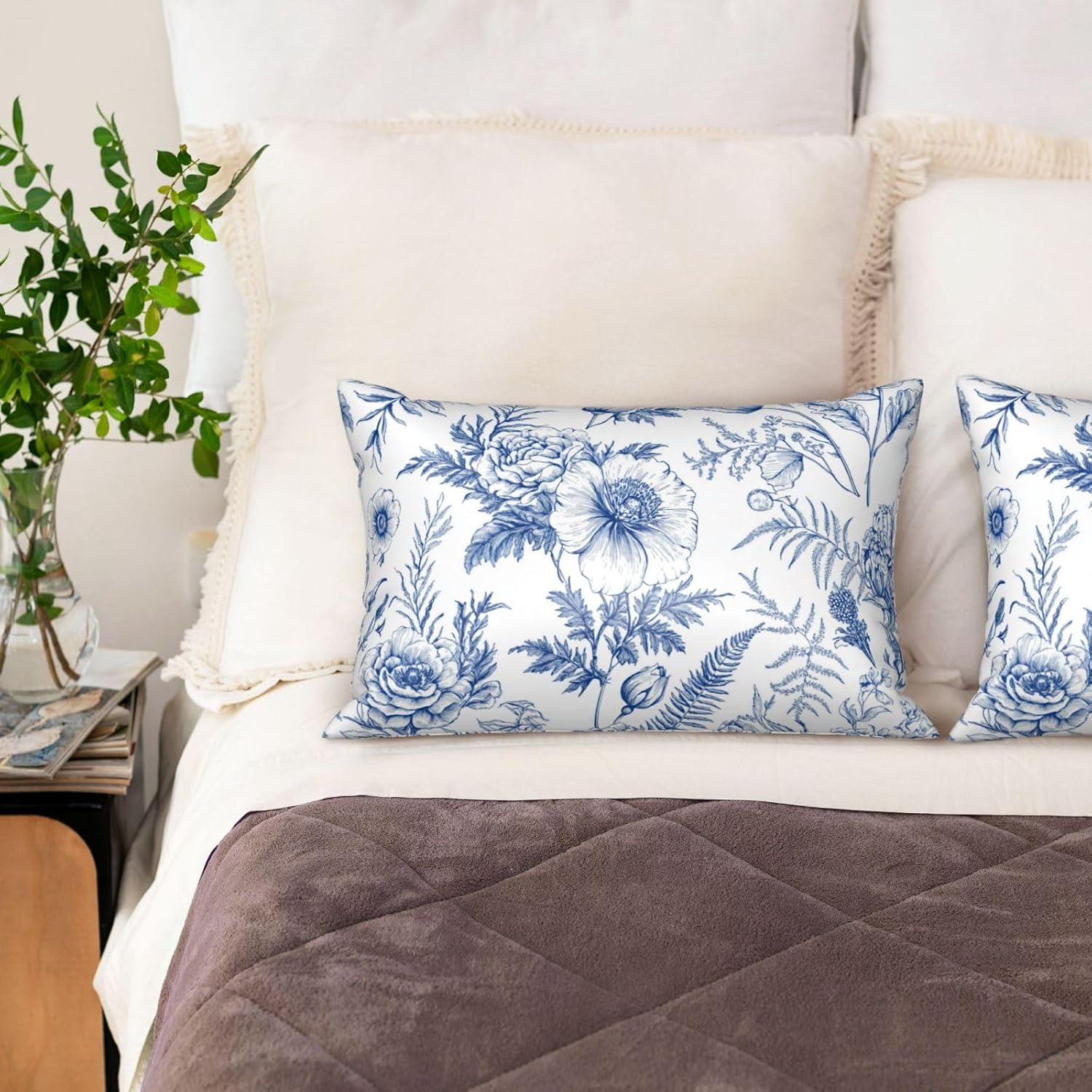 Satin Pillowcase for Hair and Skin Vintage Blue and White Floral Super Soft and Cooling Similar to Silk Pillow Case 1 Pack with Hidden…