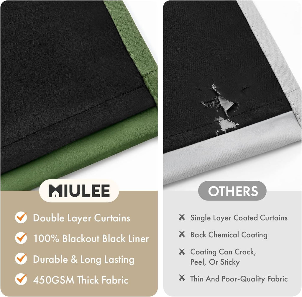 Miulee Olive Green 100% Blackout Curtains for Bedroom 90 Inch Long, 2 Thick Layers Thermal Insulated Black Out Window Curtains with Black L…