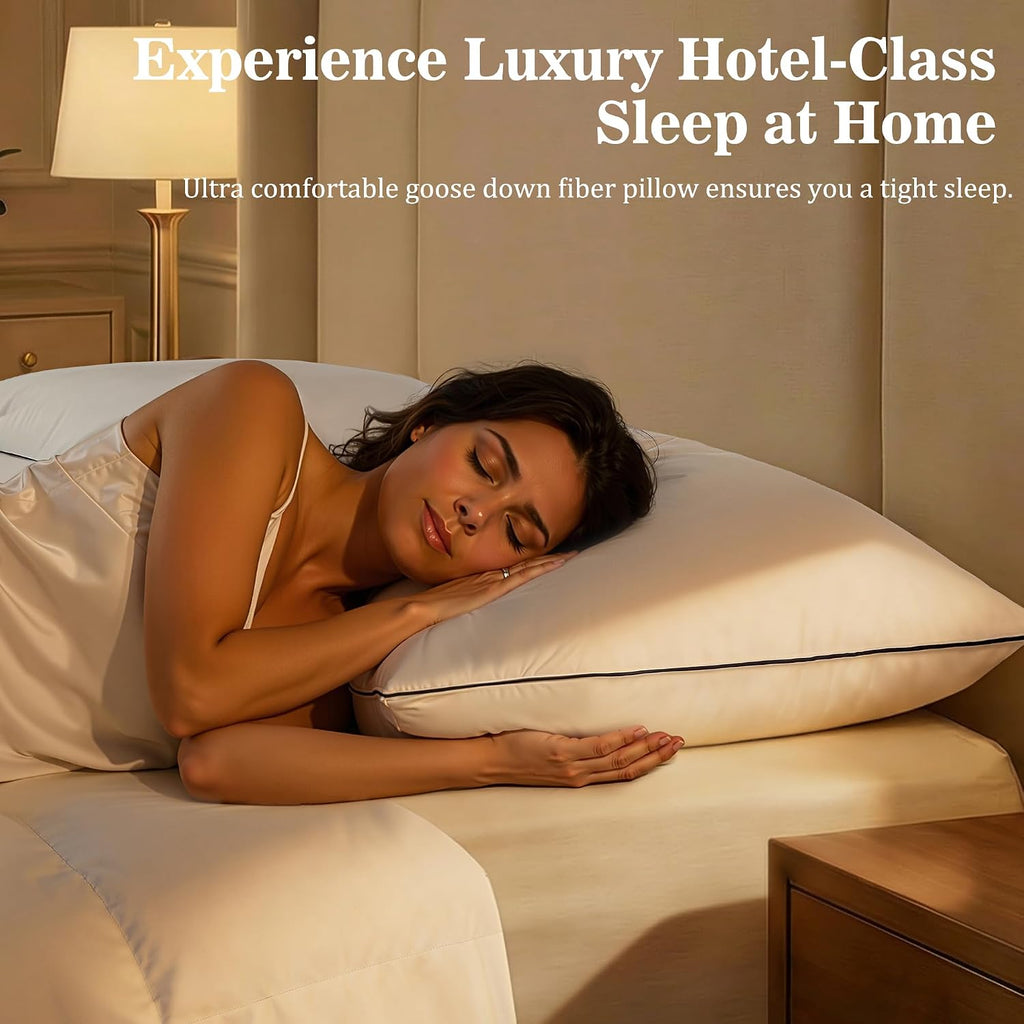 Gehtmnl Luxury Hotel Goose Feather Down Fiber Pillow Standard Size, Fluffy Medium Support Bed Pillow for Sleeping, 3-Layer Design with 400T…