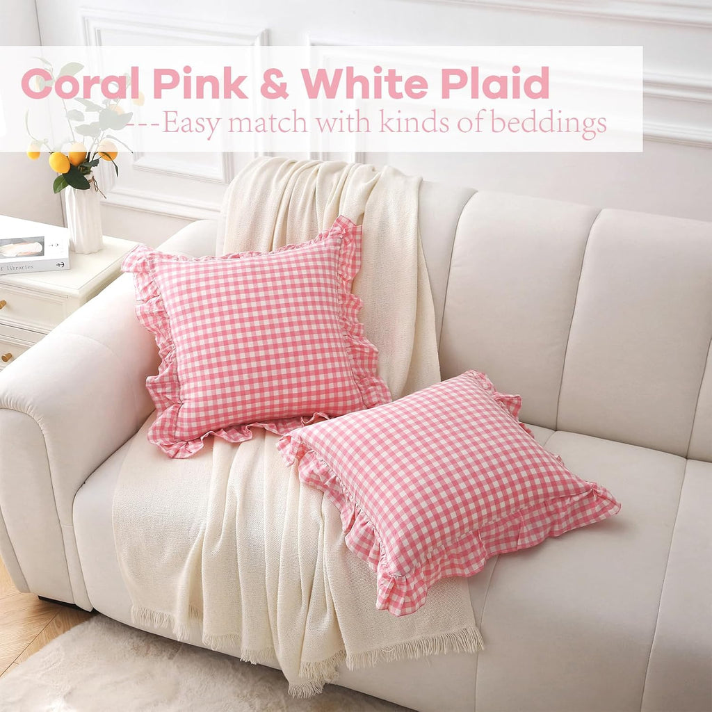 Kmasaniji 2 Pack Coral Pink White Plaid Ruffle Gingham Throw Pillow Covers, 100% Washed Cotton Checkered Coquette Decorative Pillow Shams f…