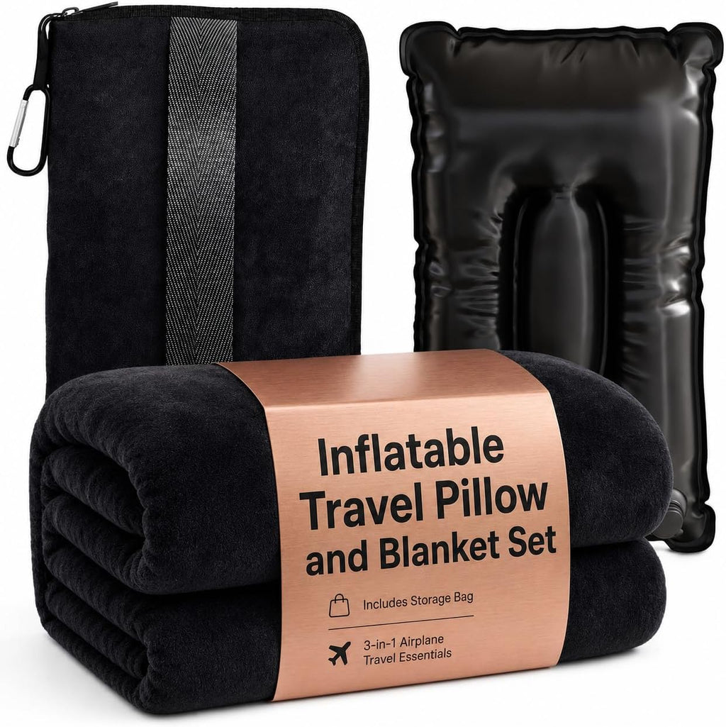 Inflatable Travel Pillow and Blanket Set, 3-in-1 Airplane Travel Essentials with Soft Flannel Travel Blanket, Inflatable Pillow, Compact…