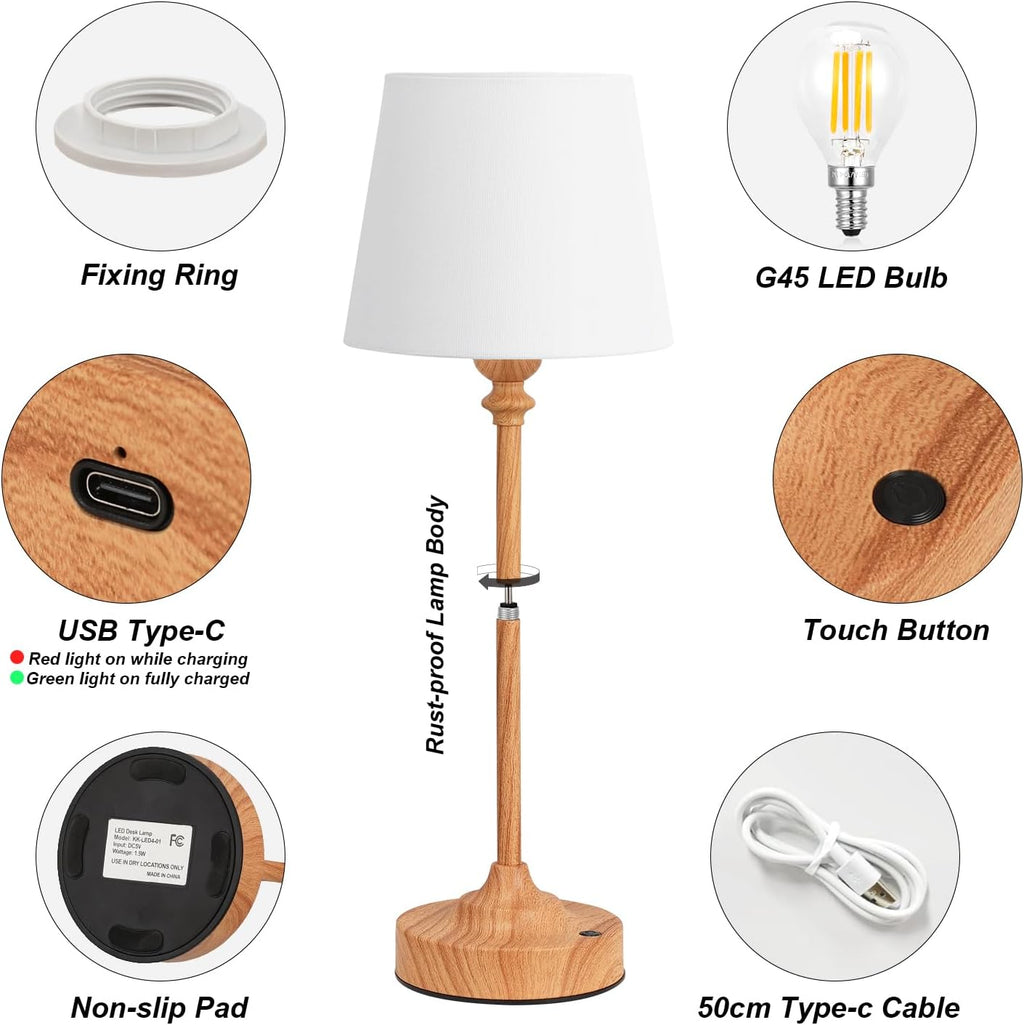 Kakanuo Cordless Table Lamps Rechargeable Set - 2 Pack Wooden 4000mAH Battery Operated Lamps for Decor, 3000K Stepless Dimming Touch…