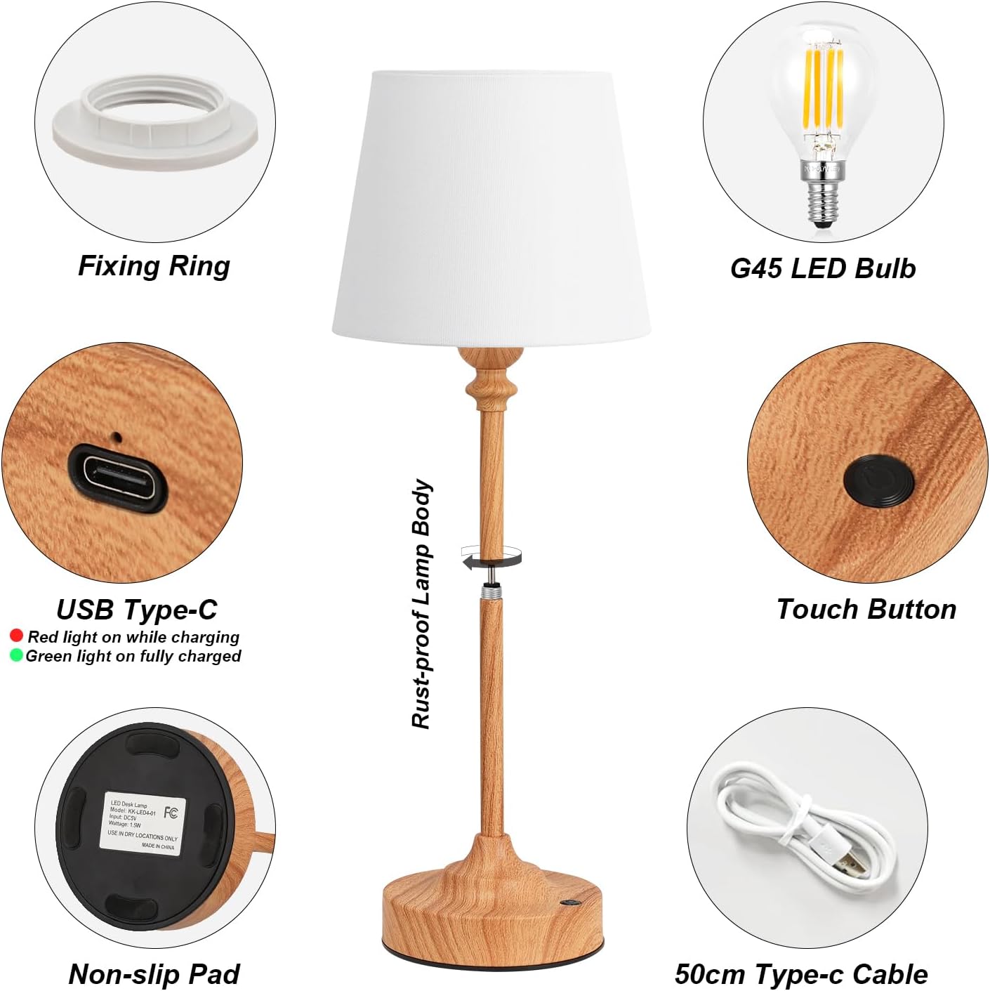 Kakanuo Cordless Table Lamps Rechargeable Set - 2 Pack Wooden 4000mAH Battery Operated Lamps for Decor, 3000K Stepless Dimming Touch…