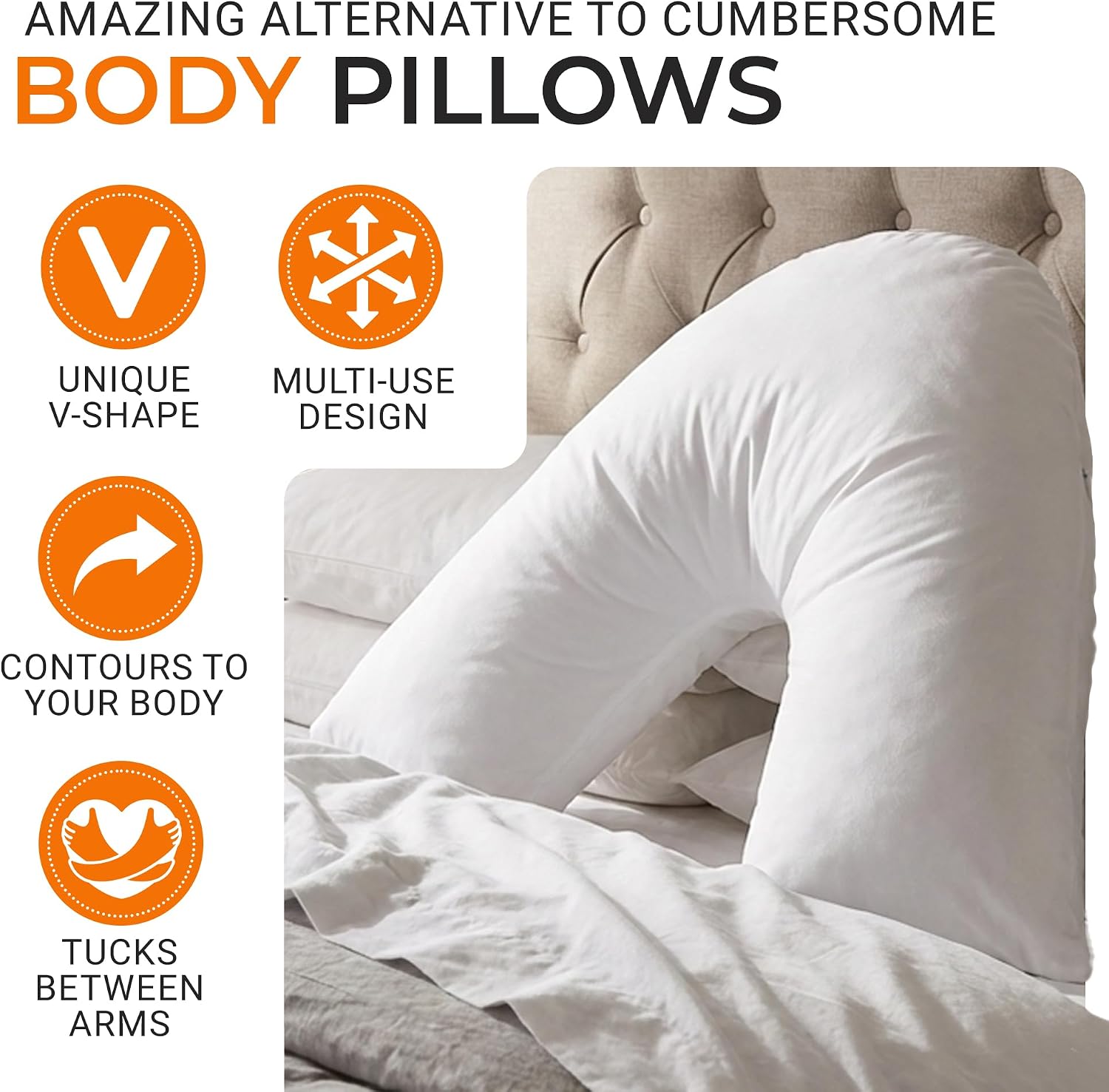 Cheer Collection Oversized V-Shaped Pillow, L-Shaped Pillow for Neck and Shoulder Support, Curved Body Pillow with Removable Pillowcase
