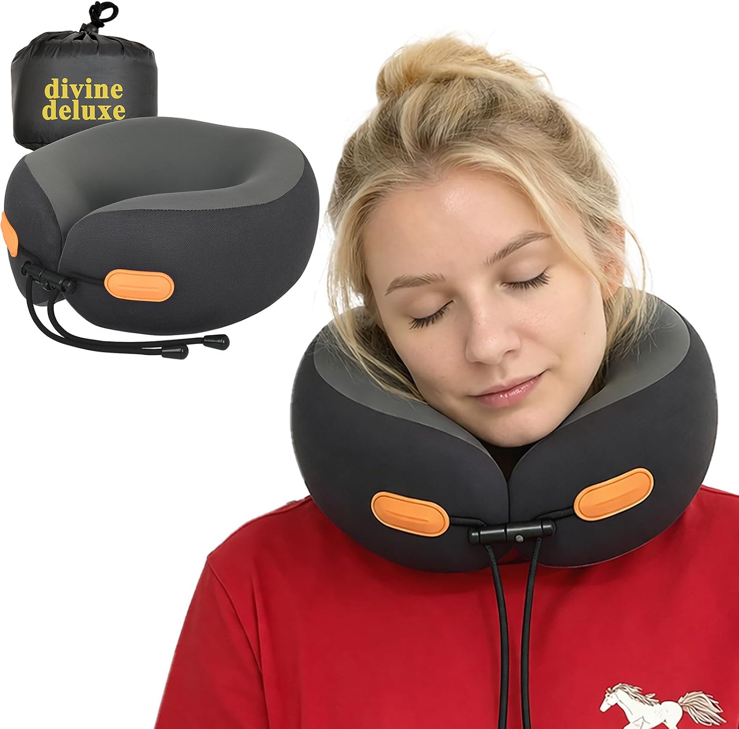 DIVINE DELUXE 360° Support Memory Foam Travel Neck Pillow – Adjustable Fit for Airplane, Car, Train & Office | No Head Bobbing or Dr…