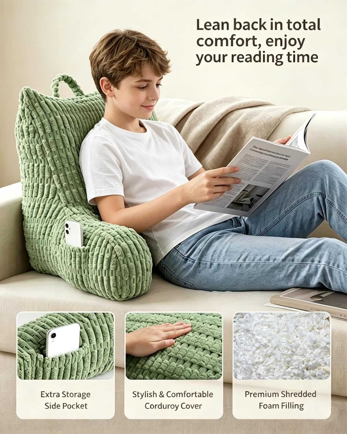 Neustern Corduroy Reading Pillow with Arms & Pocket, Memory Foam Washable Backrest Pillow for Bed Sitting Up, Support Pillow for Kids Adult…