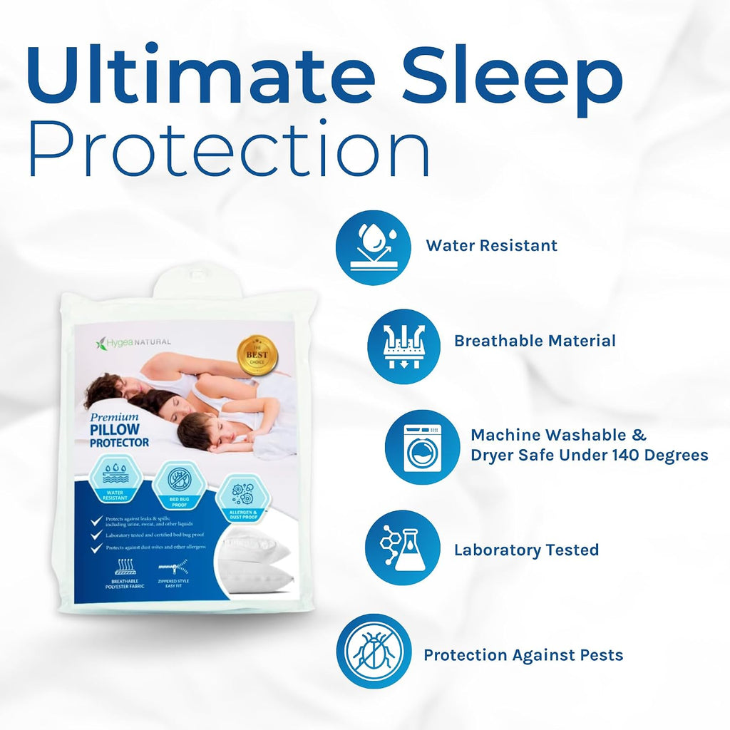 Set of 2 Luxurious Pillow Protectors by Hygea Natural - Water Resistant, Soft Breathable Polyester Fabric, Easy to Clean - Premium…