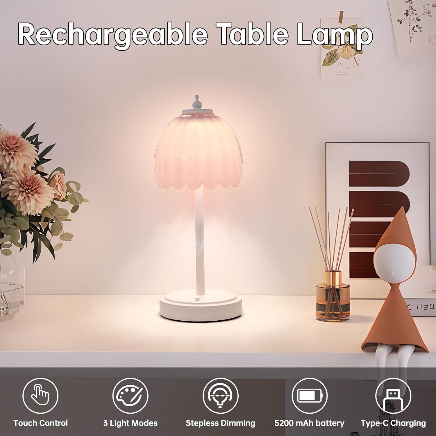 Shenmoyl Rechargeable Table Lamp with 5200mAh Battery & Touch Control - 3 Adjustable Color Temperatures, Cordless Dimmable Table Light…