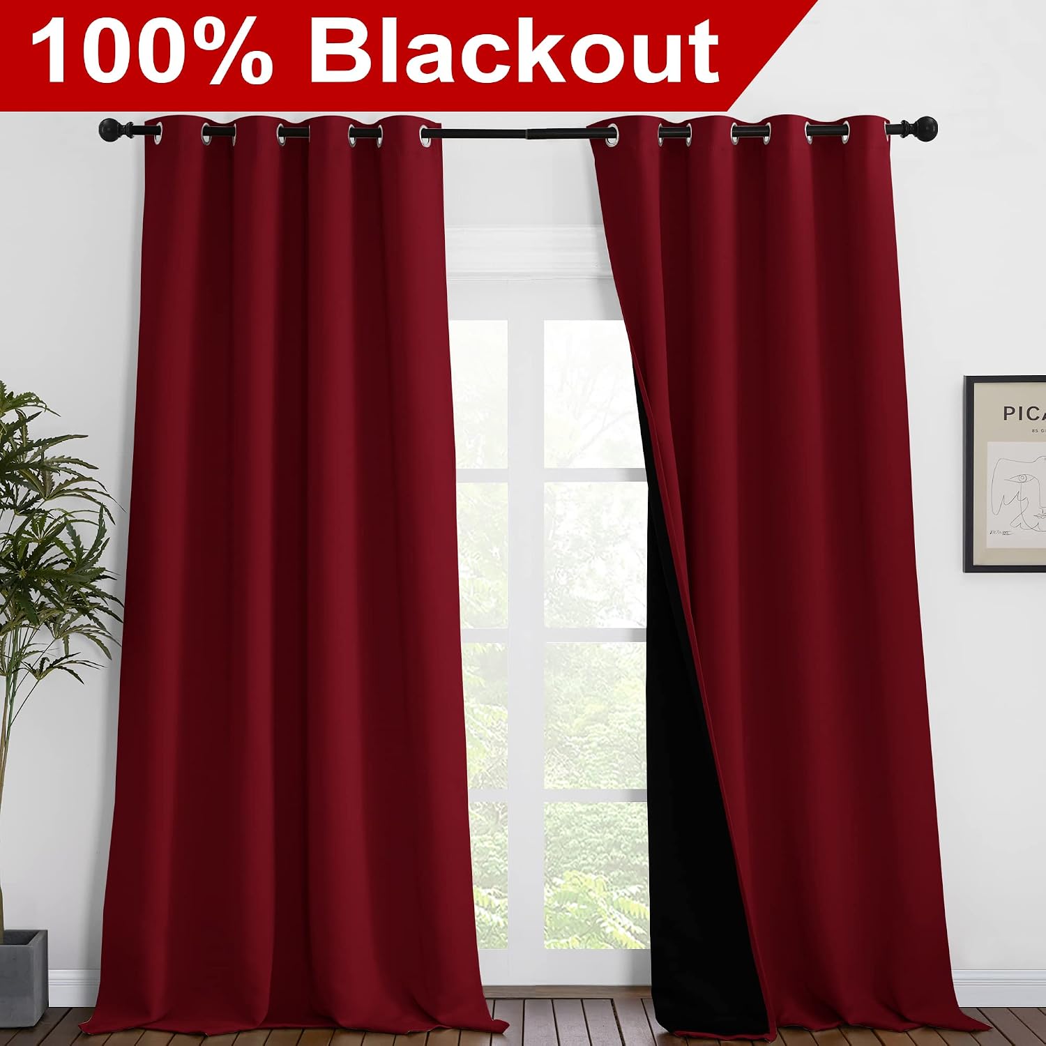 Nicetown Truly Blackout Drapes for Living Room, Heavy-Duty Full Light Shading Curtain Set with Black Liner Backing for Villa/Hall/Dorm Wind…