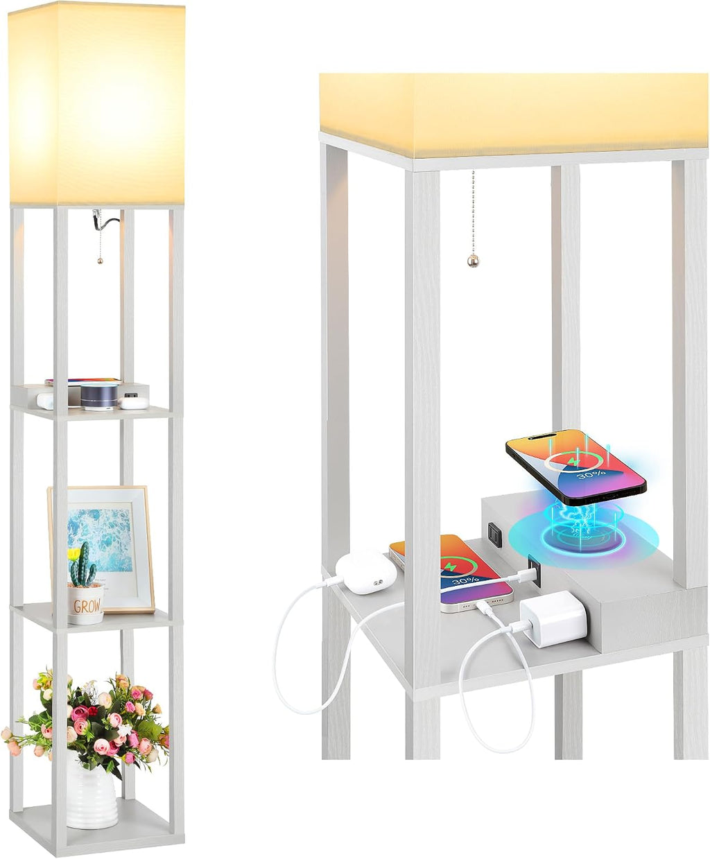 Mlambert Modern Shelf Floor Lamp with Wireless Charger & Fast Charging USB Ports & Type C Port & 2 Power Outlets,3 Tier Storage Lamp for…