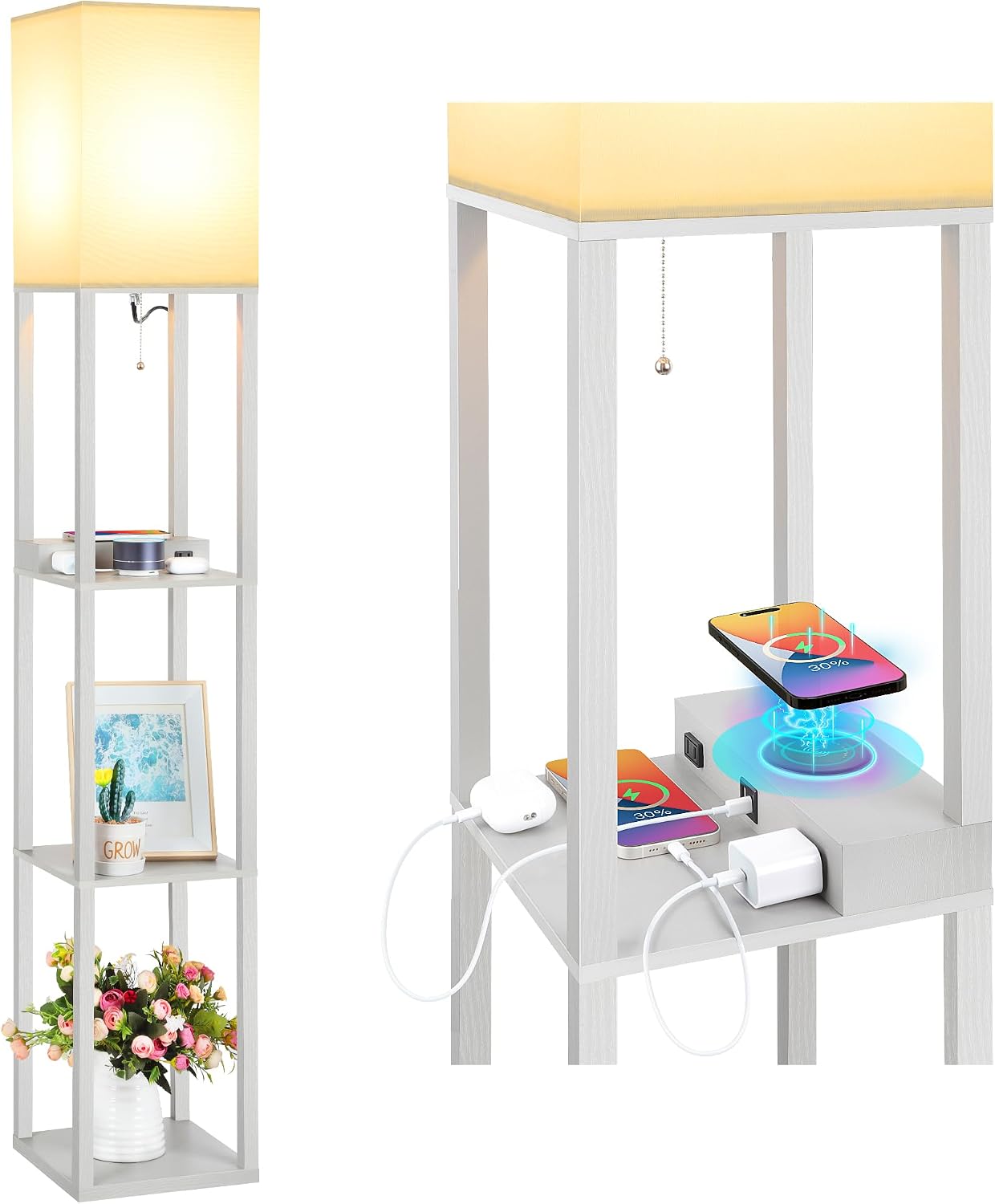 Mlambert Modern Shelf Floor Lamp with Wireless Charger & Fast Charging USB Ports & Type C Port & 2 Power Outlets,3 Tier Storage Lamp for…
