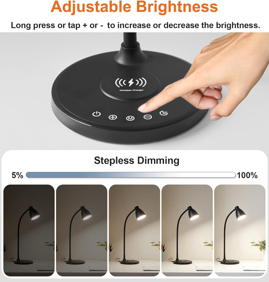 BOHON Desk Lamp for Home Office, LED Desk Light with USB C+A Charging Ports, Wireless Charger, 5 Colors Stepless Dimming Reading Light…