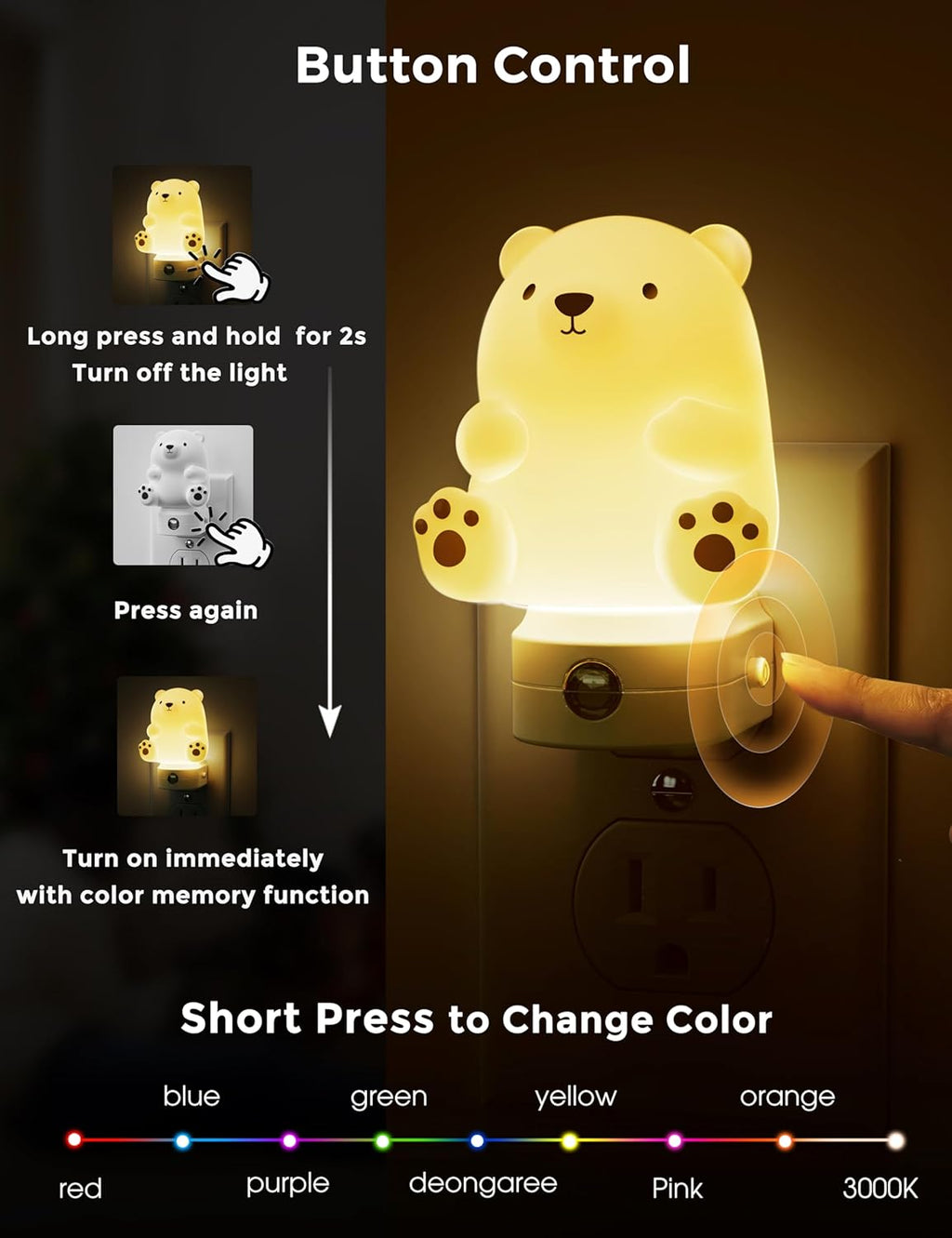 L LOHAS LED Night Light for Kids, 3D Cute Bear Night Light Plug in, Dusk to Dawn Nursery Night Lights, RGB+Soft White 3000K, 3 Lighting…