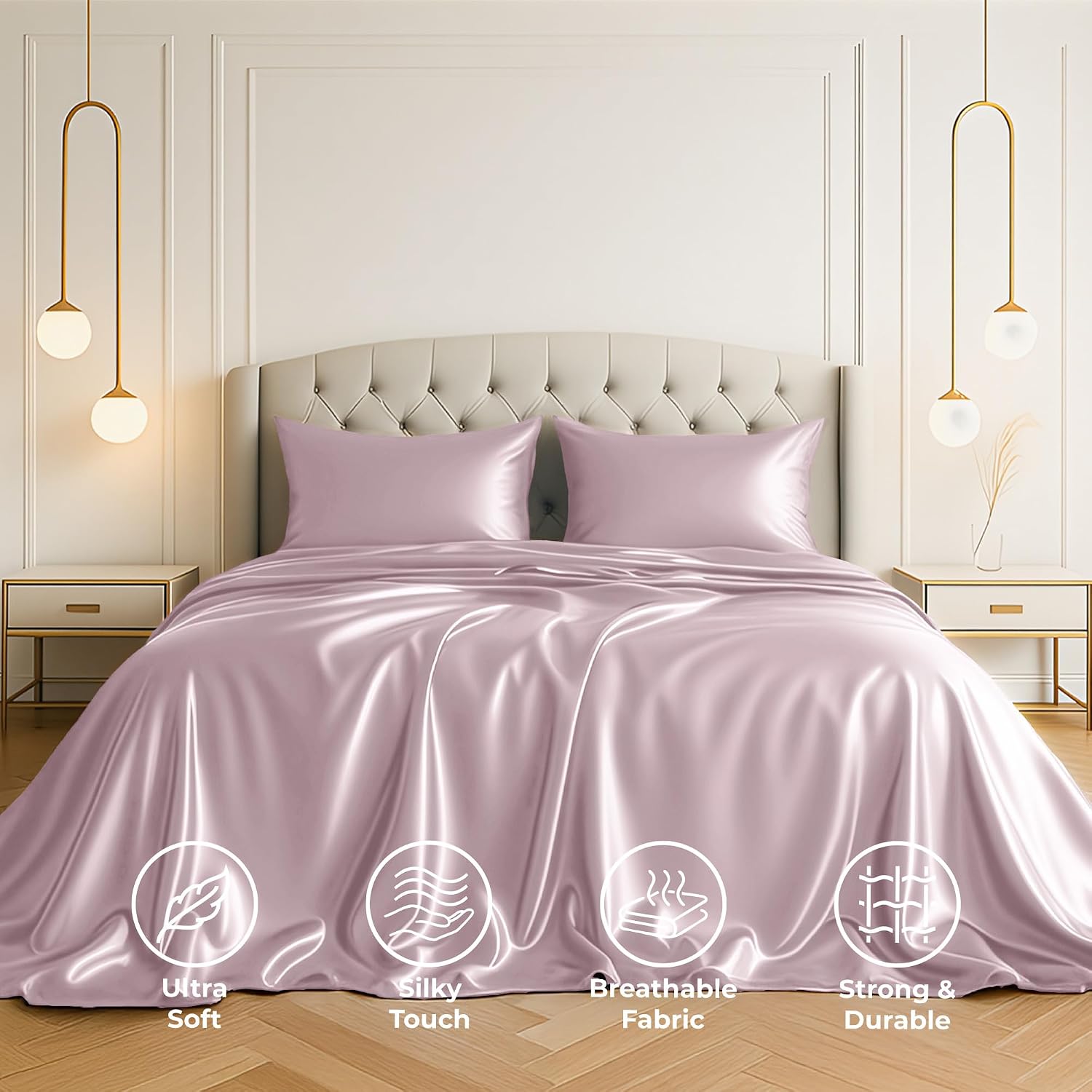 PureBedding Satin Sheets California King [4-Piece, Champagne Pink] Hotel Luxury Silky Bed Sheets - Extra Soft Microfiber Sheet Set, Wrinkle…