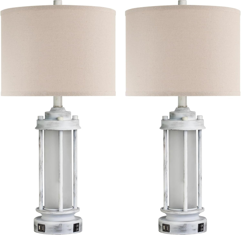 AIEAMPDO 25" Rustic Table Lamps Set of 2, Vintage Nightstand Lamps with 2 USB Ports, Farmhouse Antique White Desk Lamp with Glass Night…