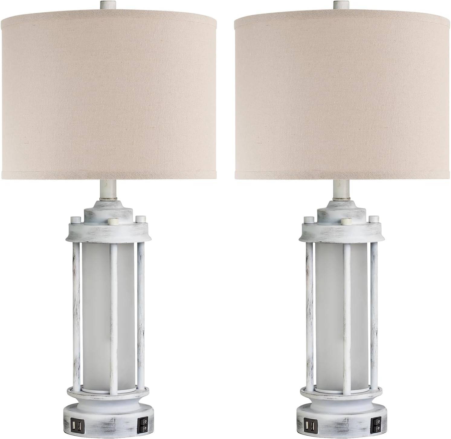 AIEAMPDO 25" Rustic Table Lamps Set of 2, Vintage Nightstand Lamps with 2 USB Ports, Farmhouse Antique White Desk Lamp with Glass Night…