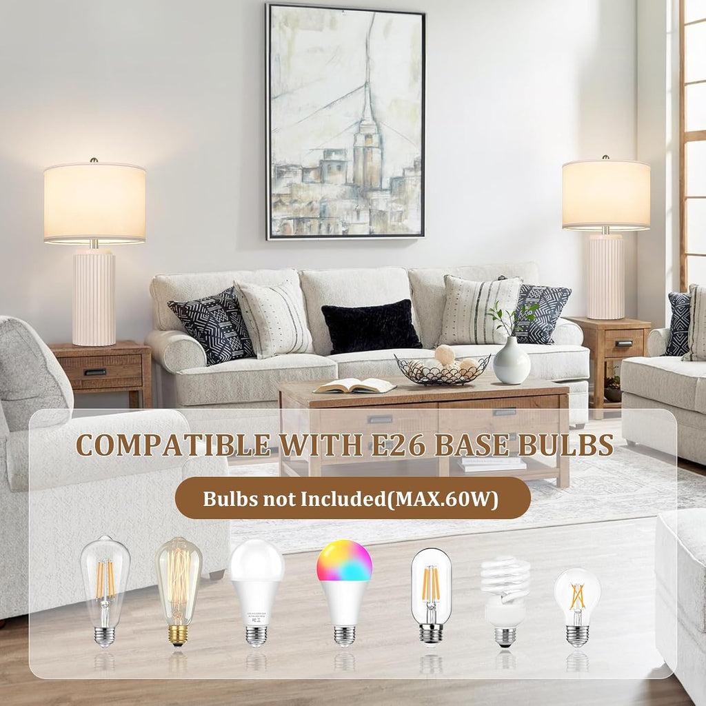 Tobusa 23.5’’ Beige Modern Ceramic Table Lamps Set of 2 for Living Room, Farmhouse Bedside Lamps with Upgraded White Linen Shade, Rustic Ni…
