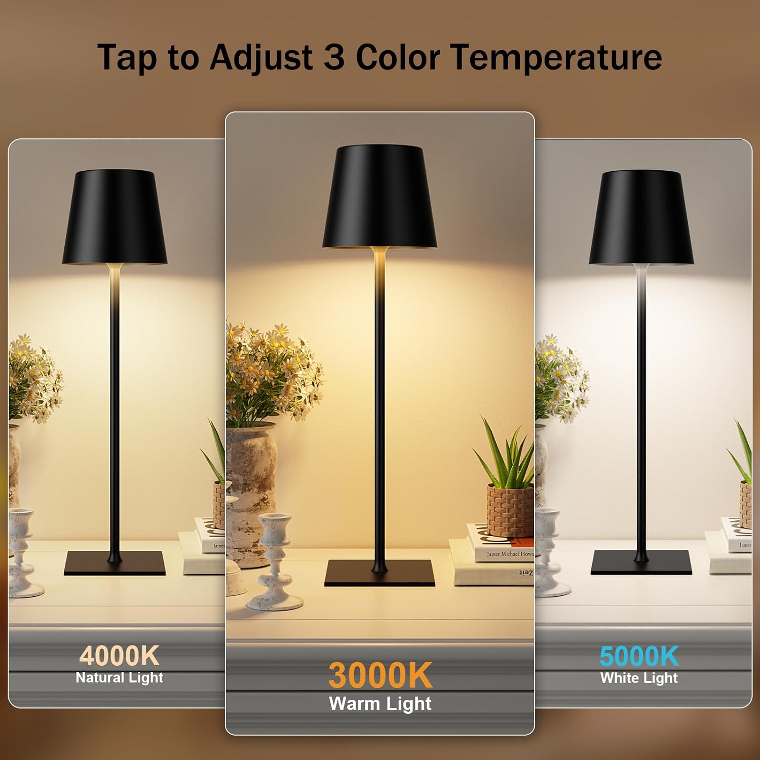 Kakanuo Black Cordless Rechargeable Table Lamp, 4 Pack Portable Desk Lamp with 5000mAh Battery, Touch Control Stepless Dimming, Wireless…