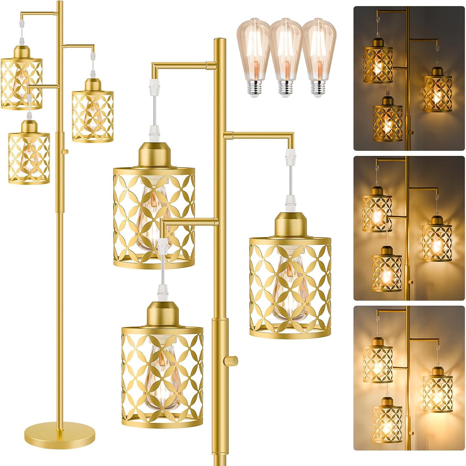Dimmable Floor Lamp, Farmhouse Standing Lamp with Elegant Metal Cage, Industrial Tall Tree Floor Lamps for Living Room, Bedroom, Study…