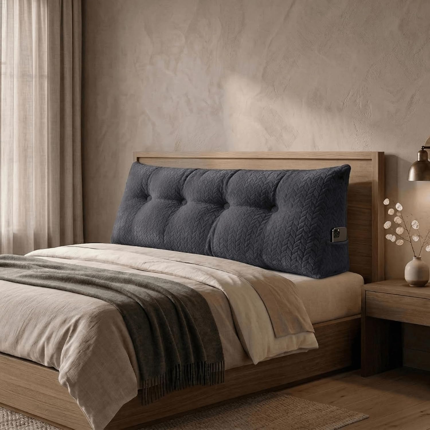 Headboard Pillow Full Size, Reading Pillow for Bed, Leaf Pattern Wedge Pillow, Tufted Backrest Support, Headboard Substitute, Darkgray