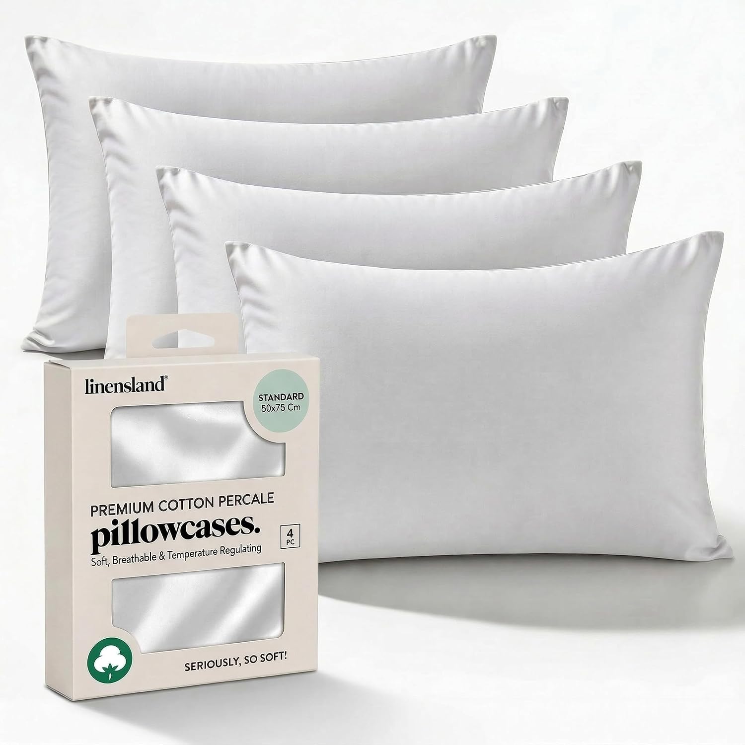 linensland® Pillowcases Set of 4 – White 100% Cotton Percale – Soft & Breathable Pillow Covers – Cotton with Envelope Closure – 20" x 30"…
