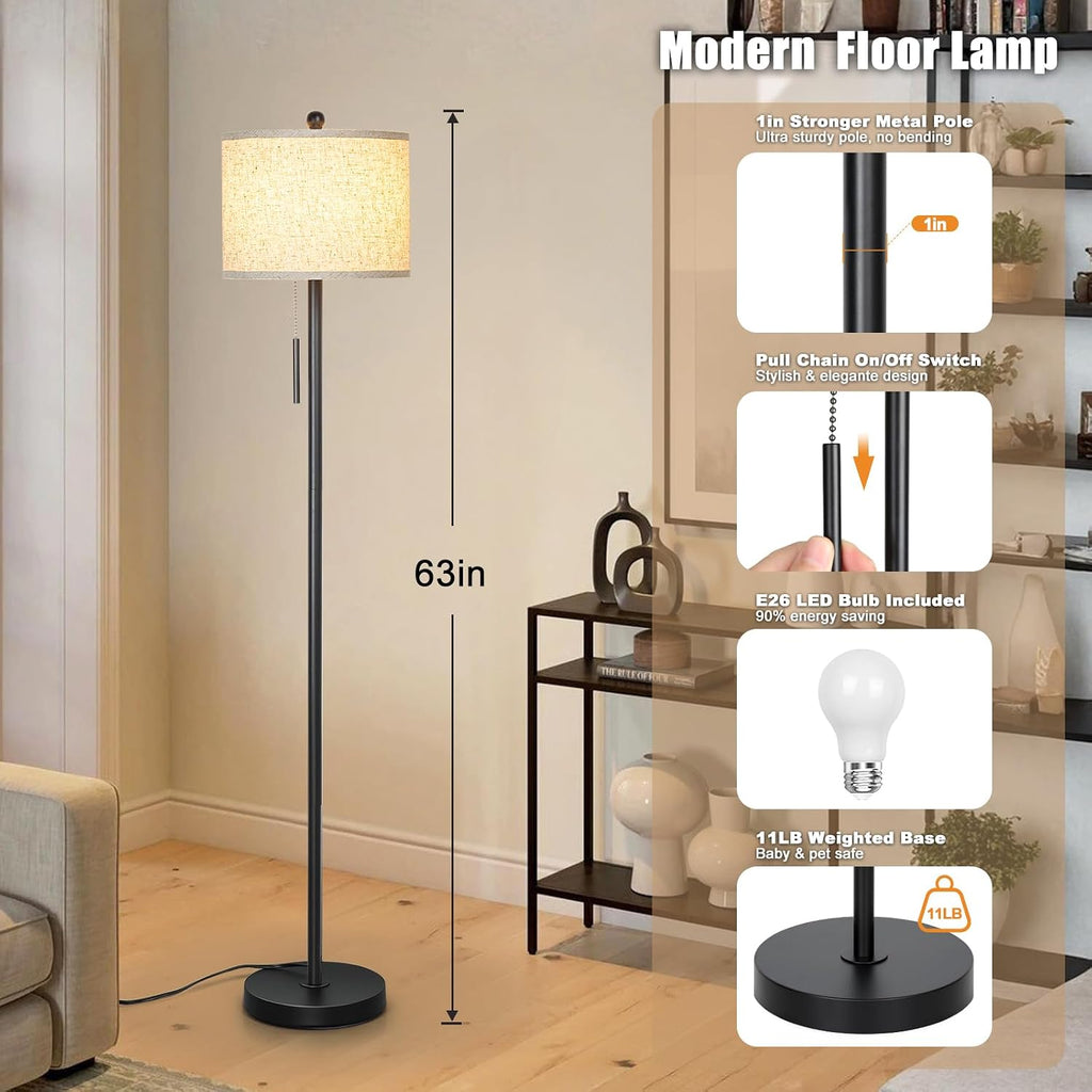 Qingmiao Floor Lamp for Living Room, 63in Black Standing Lamp, 3-Way Dimmable Floor Lamp for Bedroom, Tall Lamp with White Linen Shade…