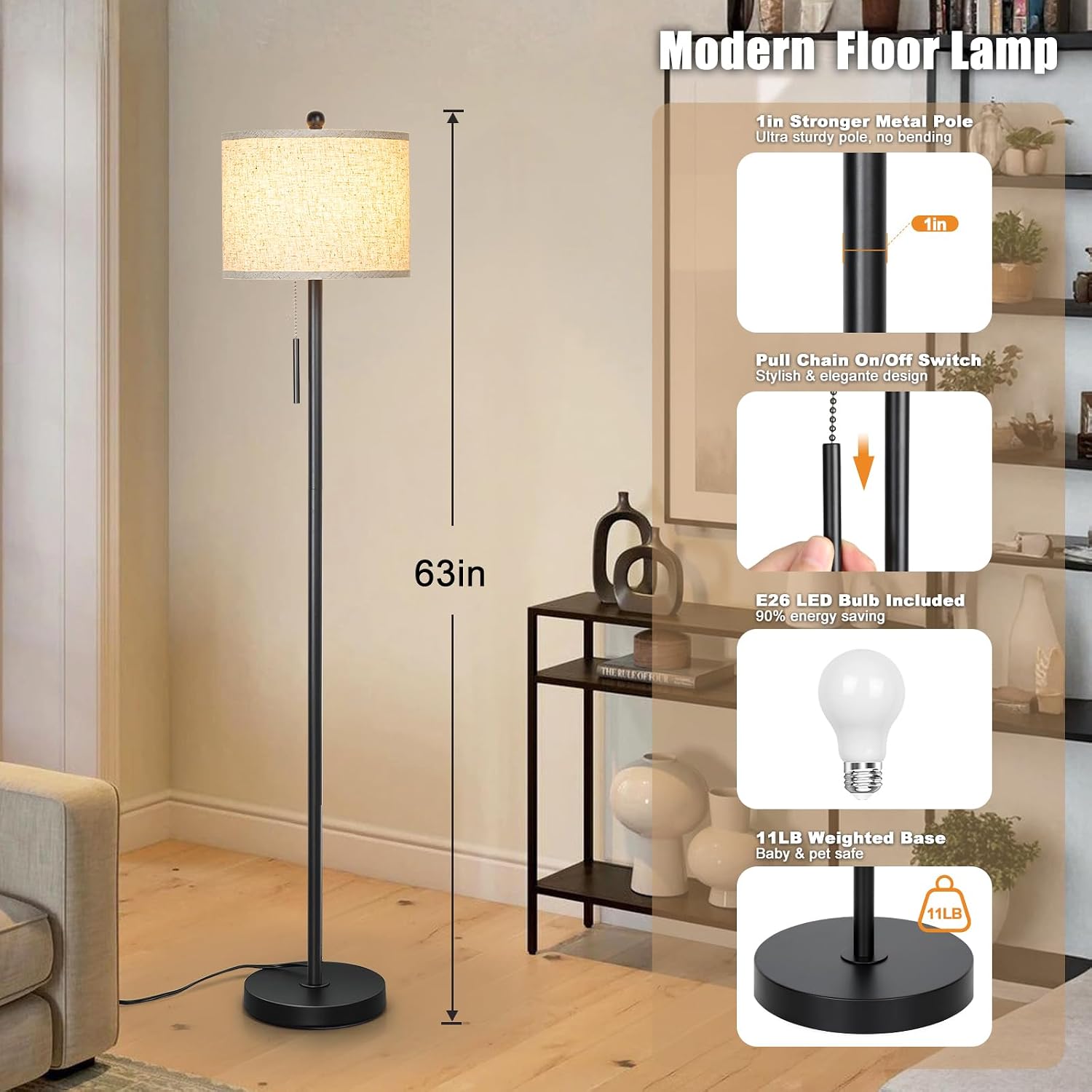 Qingmiao Floor Lamp for Living Room, 63in Black Standing Lamp, 3-Way Dimmable Floor Lamp for Bedroom, Tall Lamp with White Linen Shade…