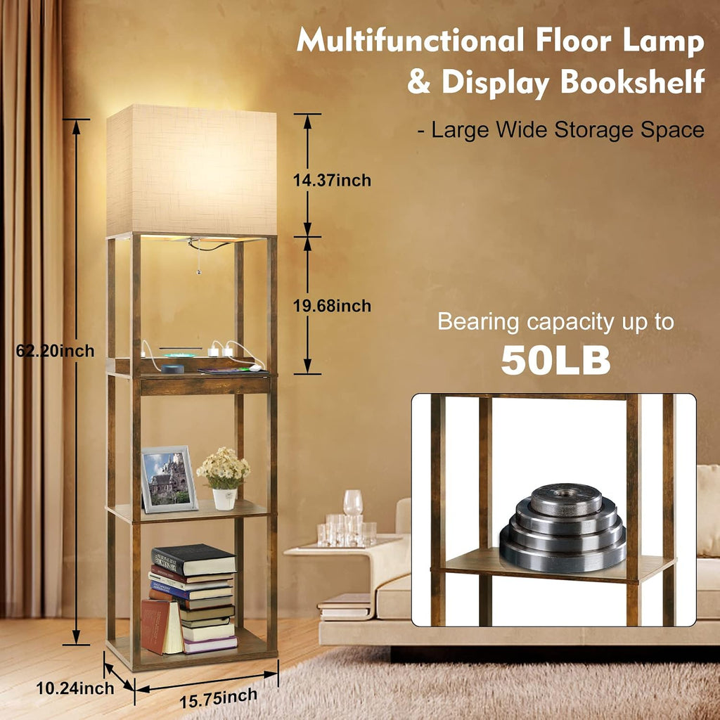 RUNTOP Floor Lamp with Shelves, Plus Shelf Lamp with Wireless Charger, 2 USB Port and Outlet, 1 Drawer, 15W LED Bulb, 3 Colors, Memory…