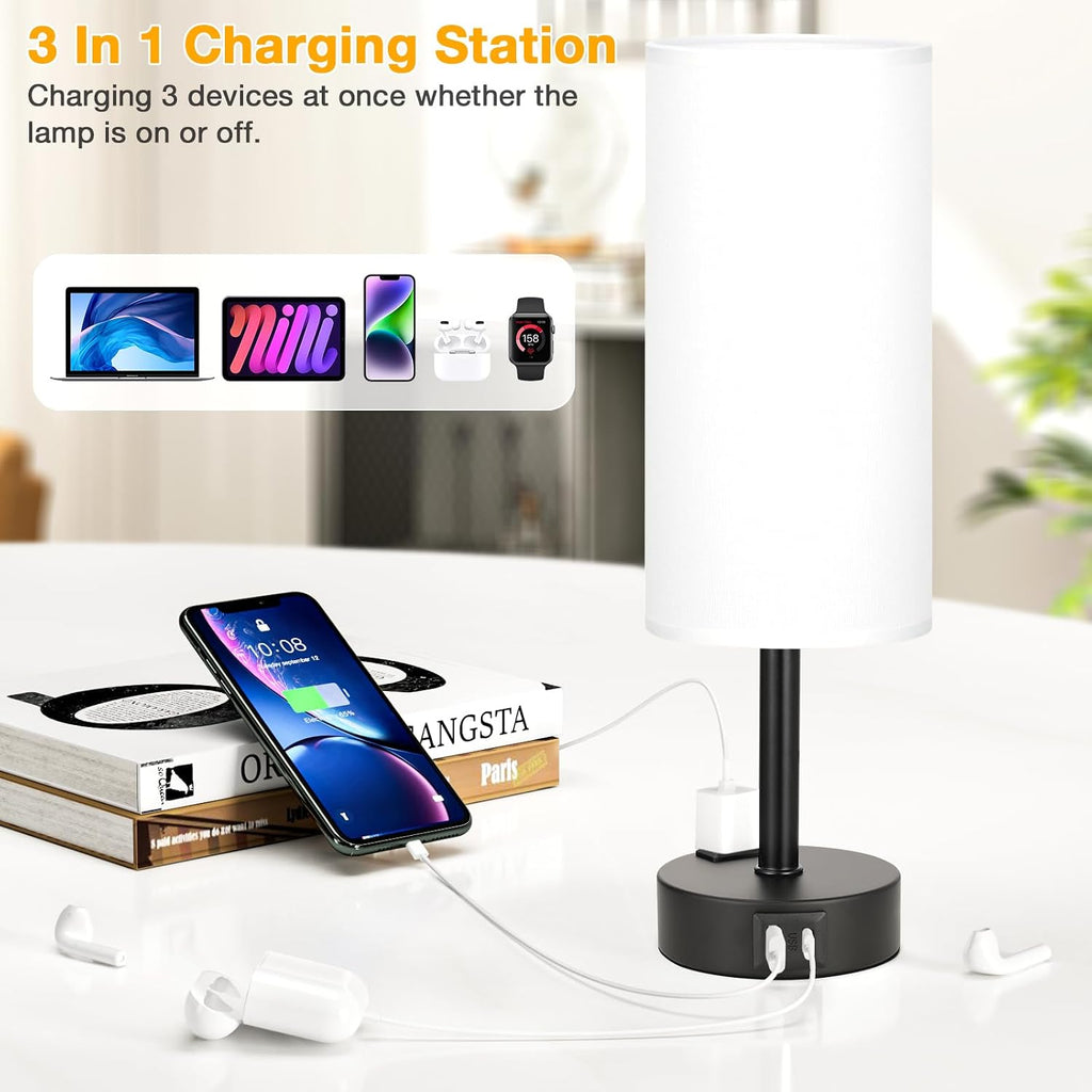 PartageiZ White Bedroom Lamps Set of 2-3 Way Dimmable Touch Table Lamps with USB C and A Ports, Bedside Lamps for Nightstand with AC…