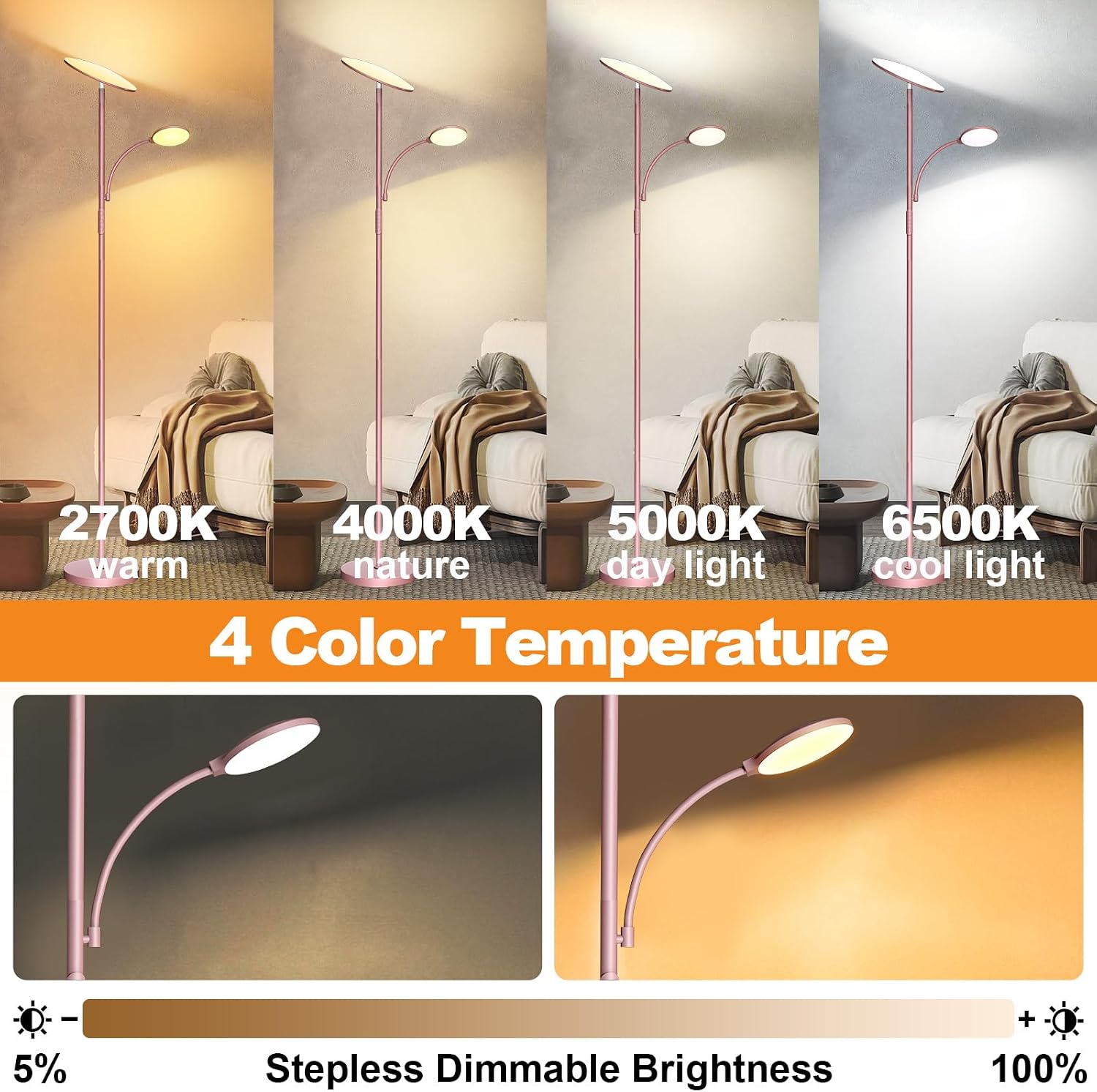 Marctronic Pink Floor Lamps for Living Room, 44W/4500LM Super Bright 2 in 1 LED Floor Lamp with Remote, Stepless Dimmable, 69" Tall Standin…
