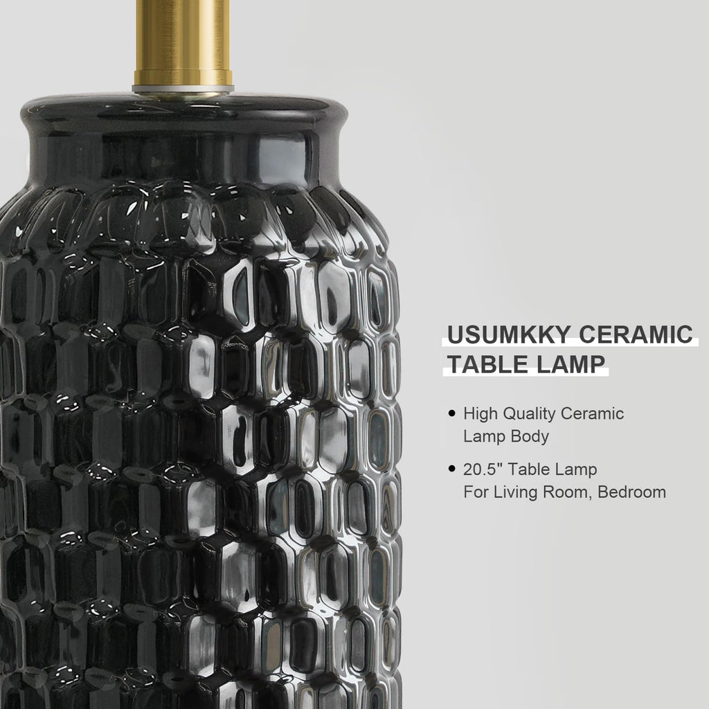 USumkky 20.5" Black Modern Ceramic Bedside Lamp Set of 2 for Bedroom Decor Farmhouse Table Lamp for Living Room Office Dorm