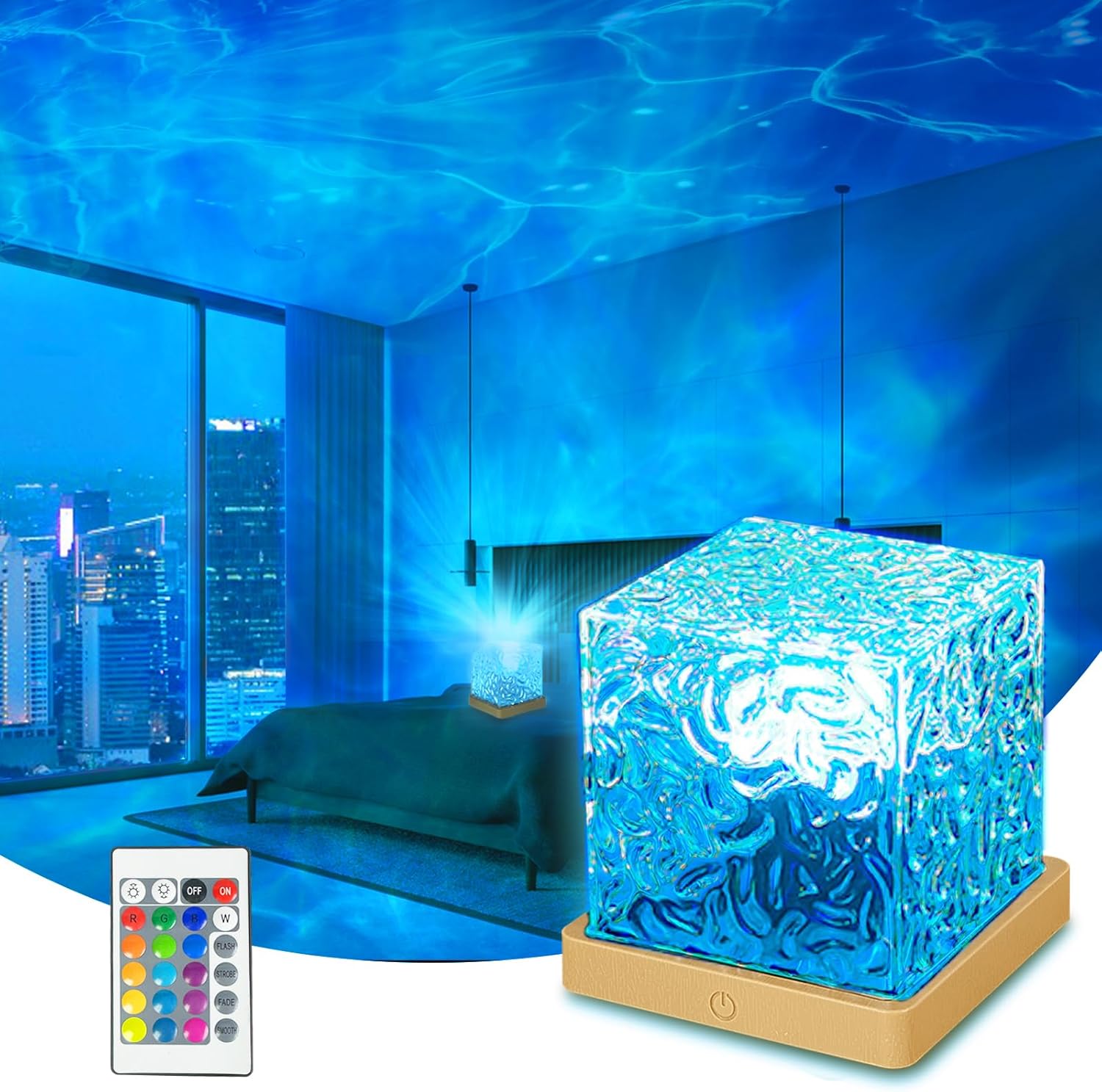 Ocean Wave Projector Light, 16 Colors Havie Cube Lamp, 3D Holographic Water Ripple Lamp with Remote Control, Northern Night Light for…