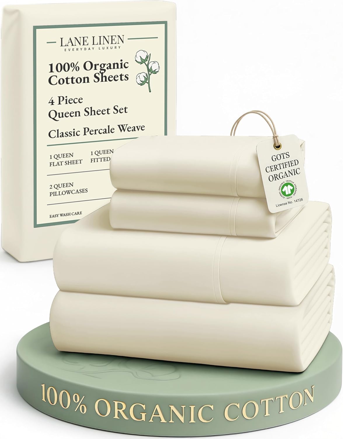 LaneLinen LANE LINEN 100% Organic Cotton Queen Sheets, 4Pc Cotton Sheets Set, Classic Percale Weave Bedsheets Queen Size Bed, Soft Breathab…