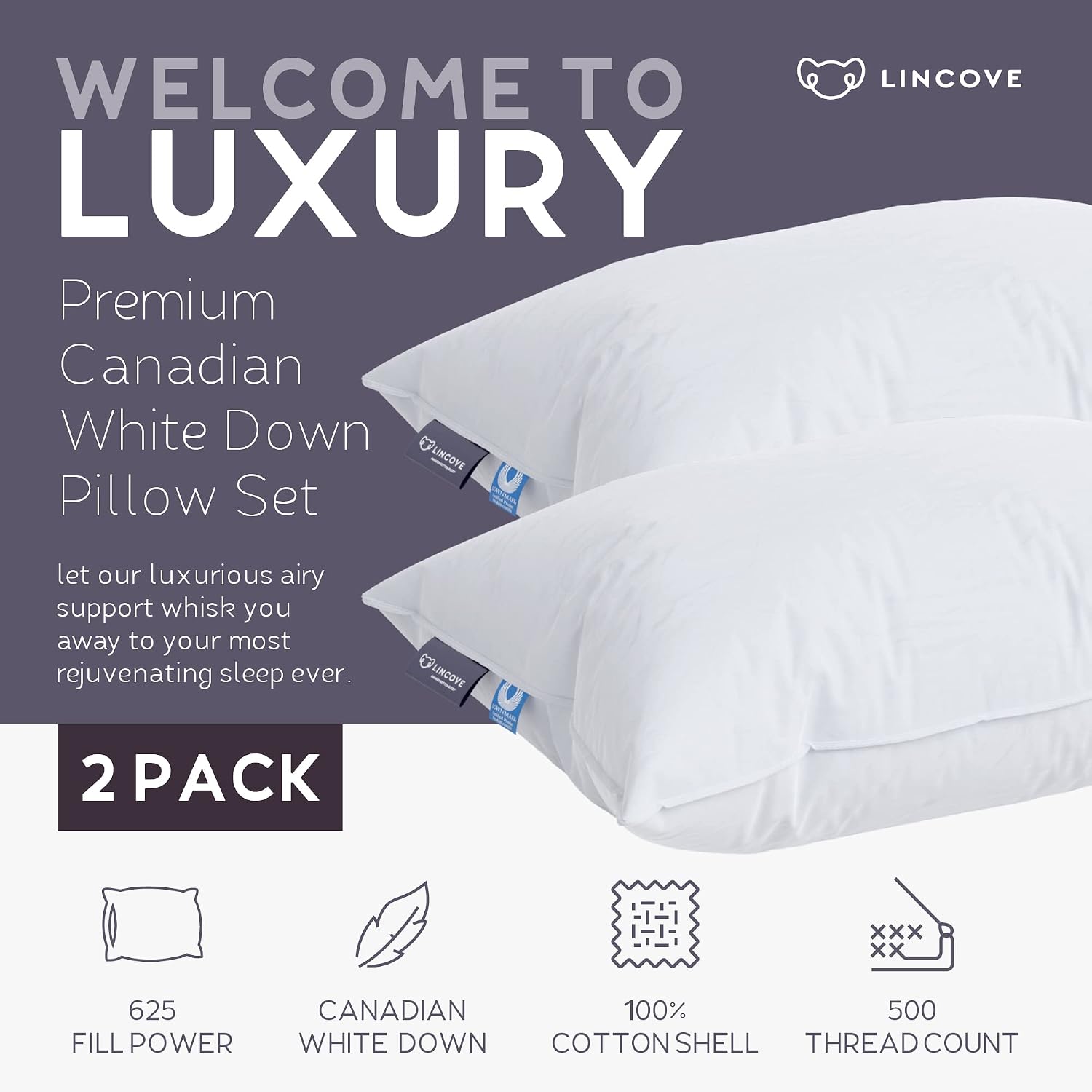 Lincove Cloud Natural Canadian Down Pillow, White Luxury Sleeping Pillow - 625 Fill Power, 500 Thread Count Cotton Shell, Made in Canada…