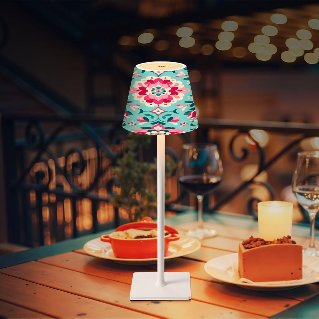 Cordless Mahjong Lamp Floral Damask Pink Blossoms Teal Ornamental Botanical Design Small LED Lamp 3 Color Dimmable Rechargeable Lamps for…