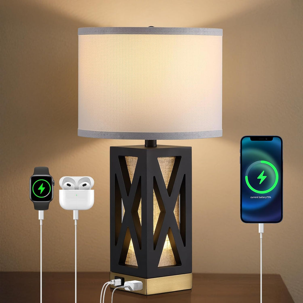 Set of 2 Wood Table Lamp with 3 Color Temperatures, Nightstand Table Lamp with AC Outlet, USB A & C Charging Port, Bedside Lamps for…