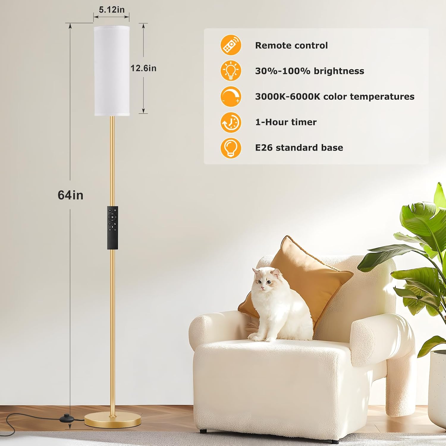 Ambimall 64'' Floor Lamps for Living Room with Remote Control and Stepless Dimmable Colors Temperature & Brightness, 9W Bulb…
