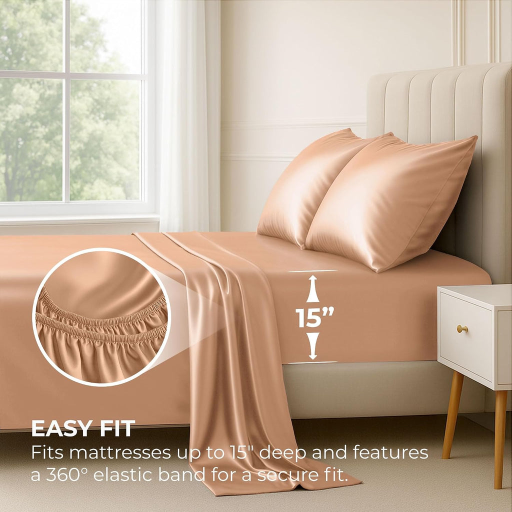 PureBedding Pure Bedding Satin Sheets Queen [4-Piece, Rose Gold] Hotel Luxury Silky Bed Sheets - Extra Soft 1800 Microfiber Sheet Set, Wrin…