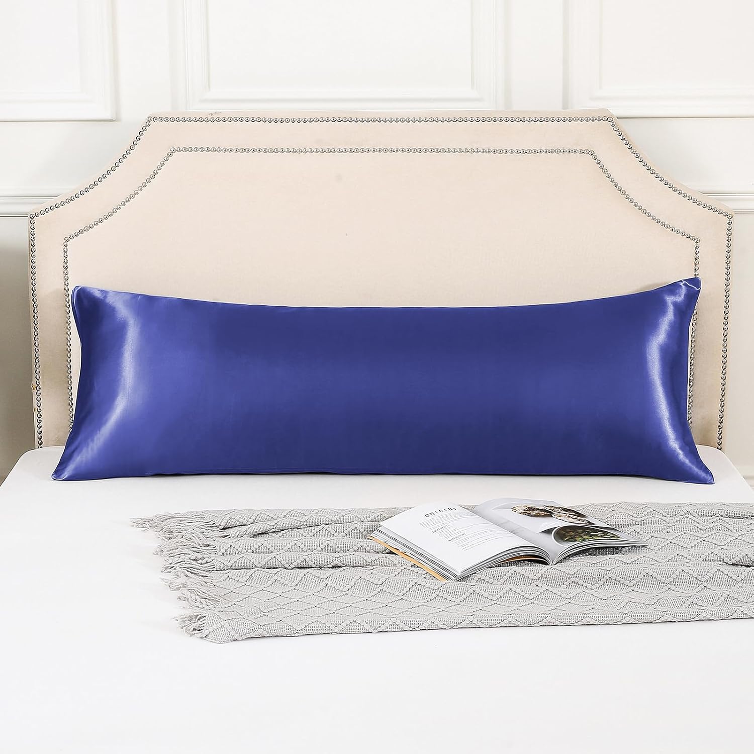 Huxmeyson Body Pillow with Satin Pillowcase, Body Pillow for Adults, Removable Cover, Navy Blue (20"x54") 1 count Blue